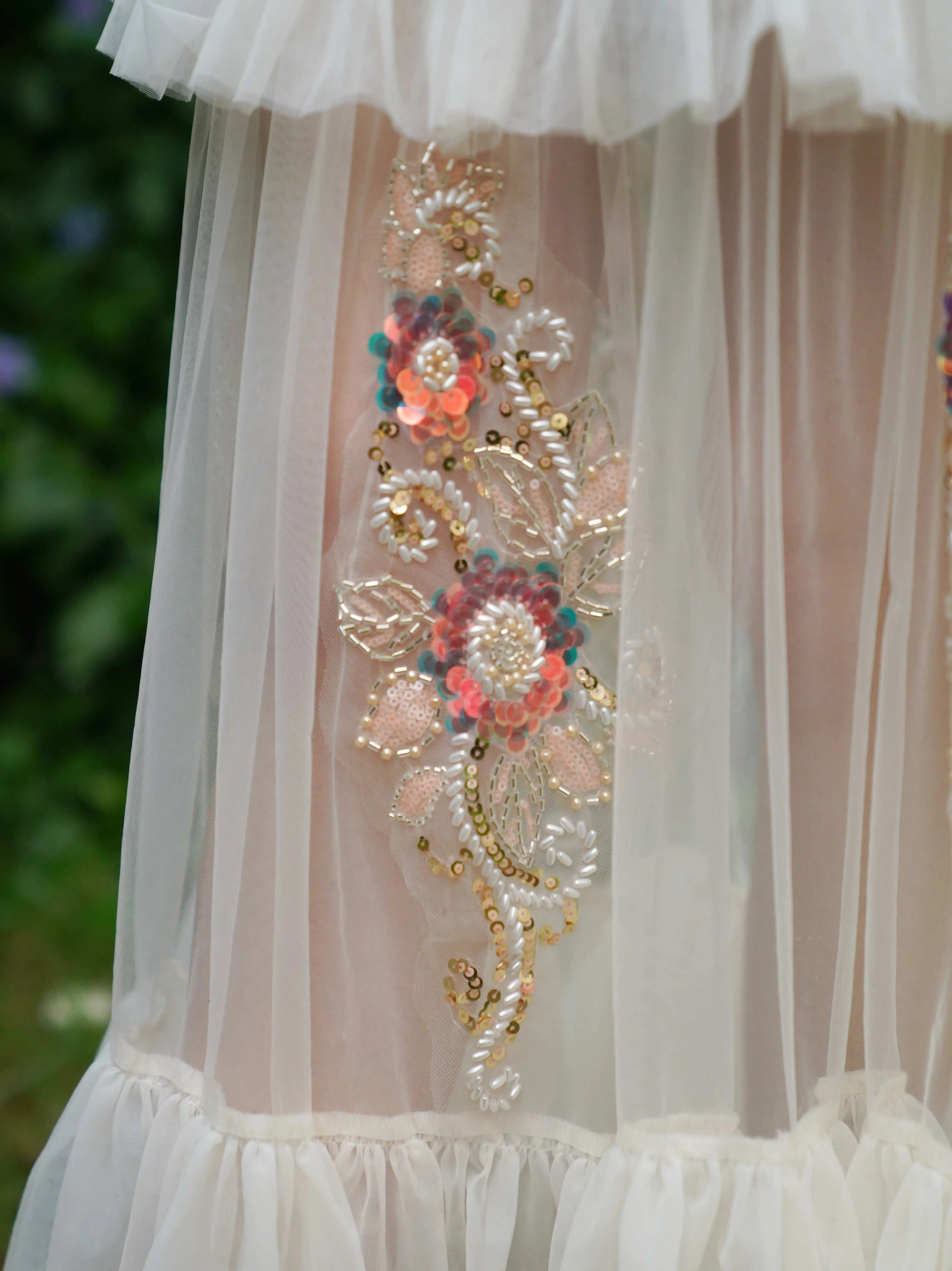 The Aurelia Beaded Gauze Skirt | Hand-Stitched Apricot Maxi | French Flounce Skirt with Ear Fringe | Parisian Princess