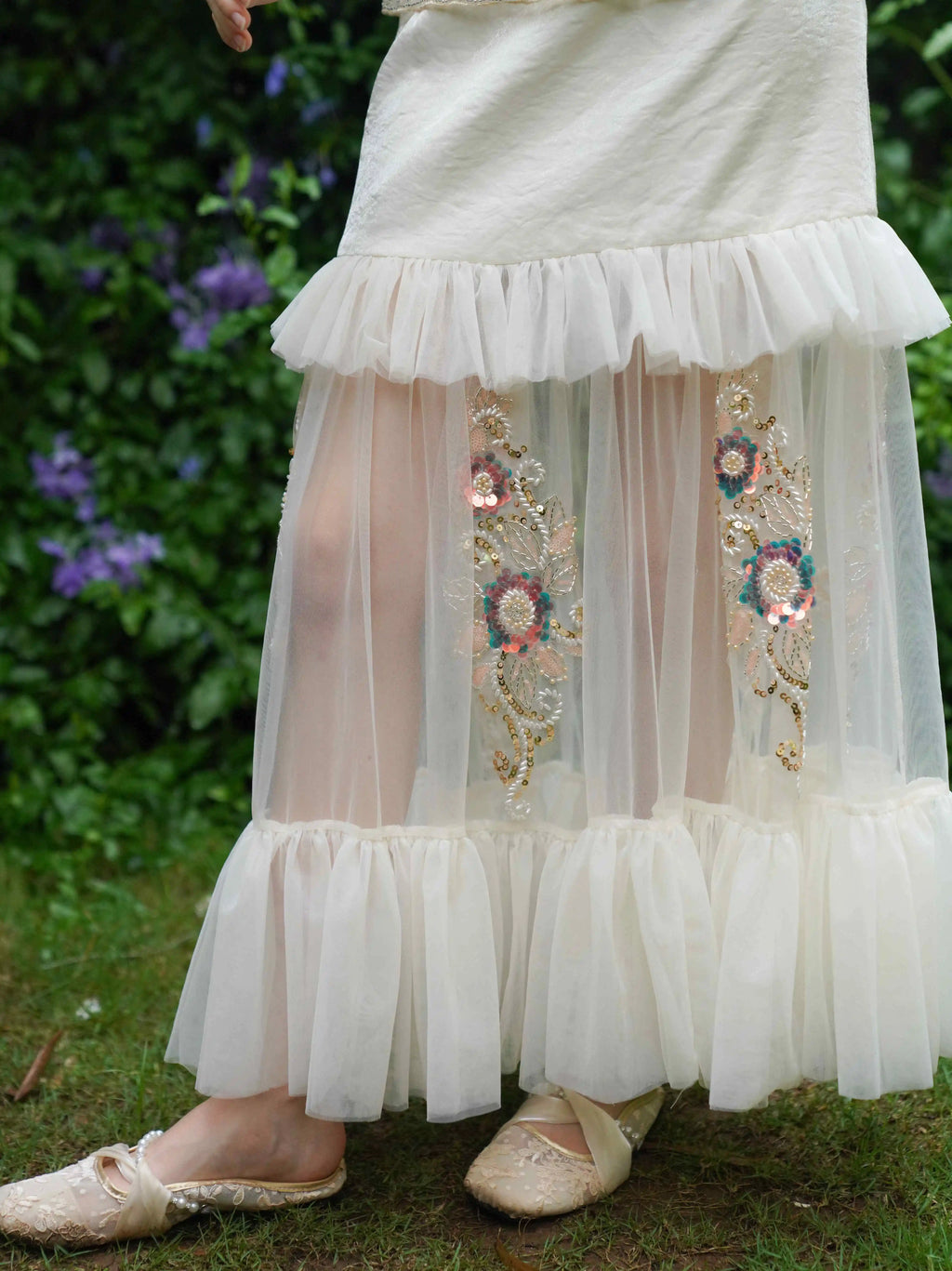 The Aurelia Beaded Gauze Skirt | Hand-Stitched Apricot Maxi | French Flounce Skirt with Ear Fringe | Parisian Princess