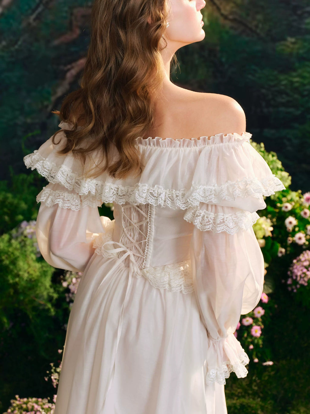 French Countryside Dress Full Lantern Sleeve Long Maxi Ladies XS-XL Vintage High Waist Lace Slash Neck White Lace Up 2025