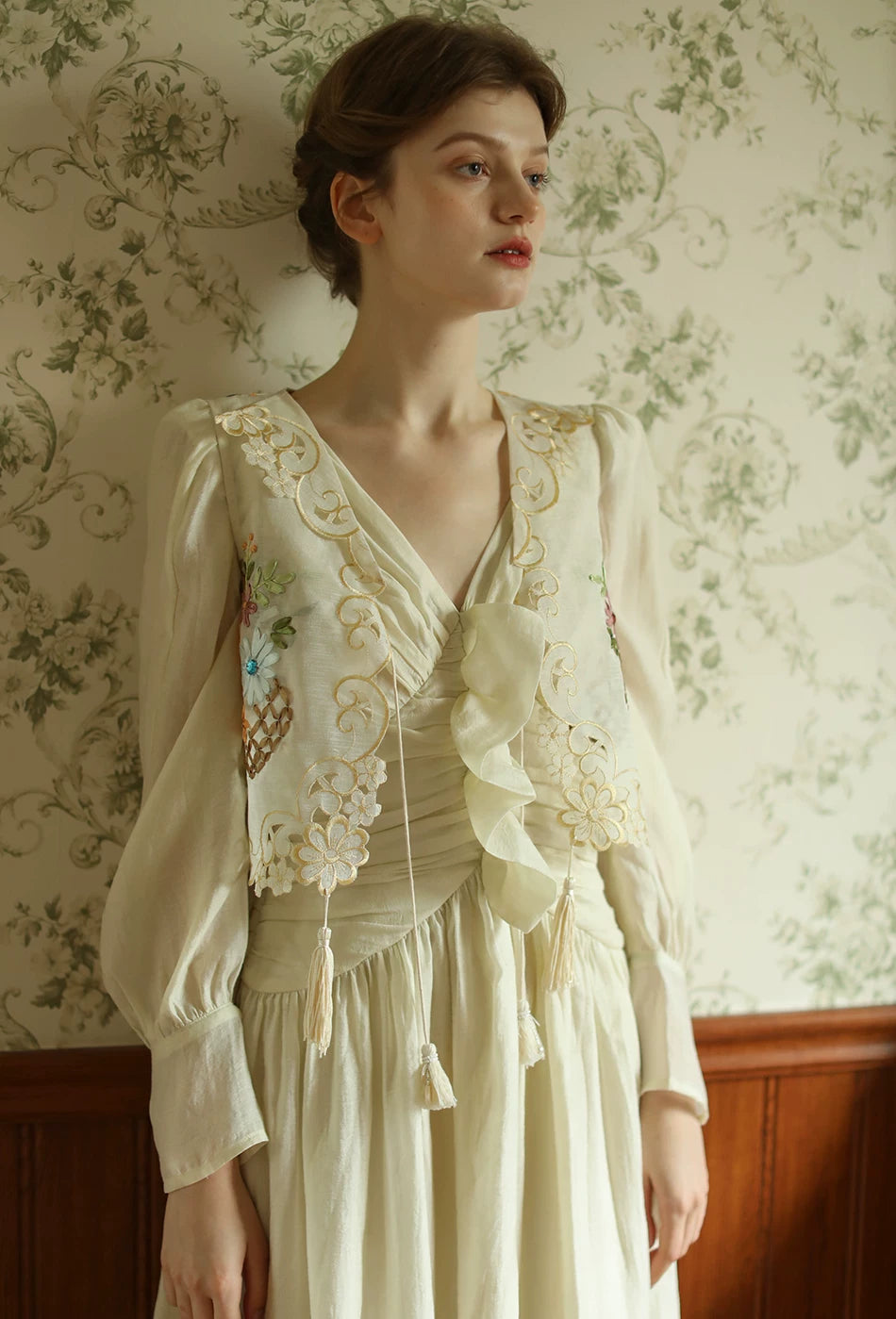 The Trianon Embroidered Vest | French Cotton Floral Waistcoat | Vintage Botanical Tassel Gilet | Parisian Princess