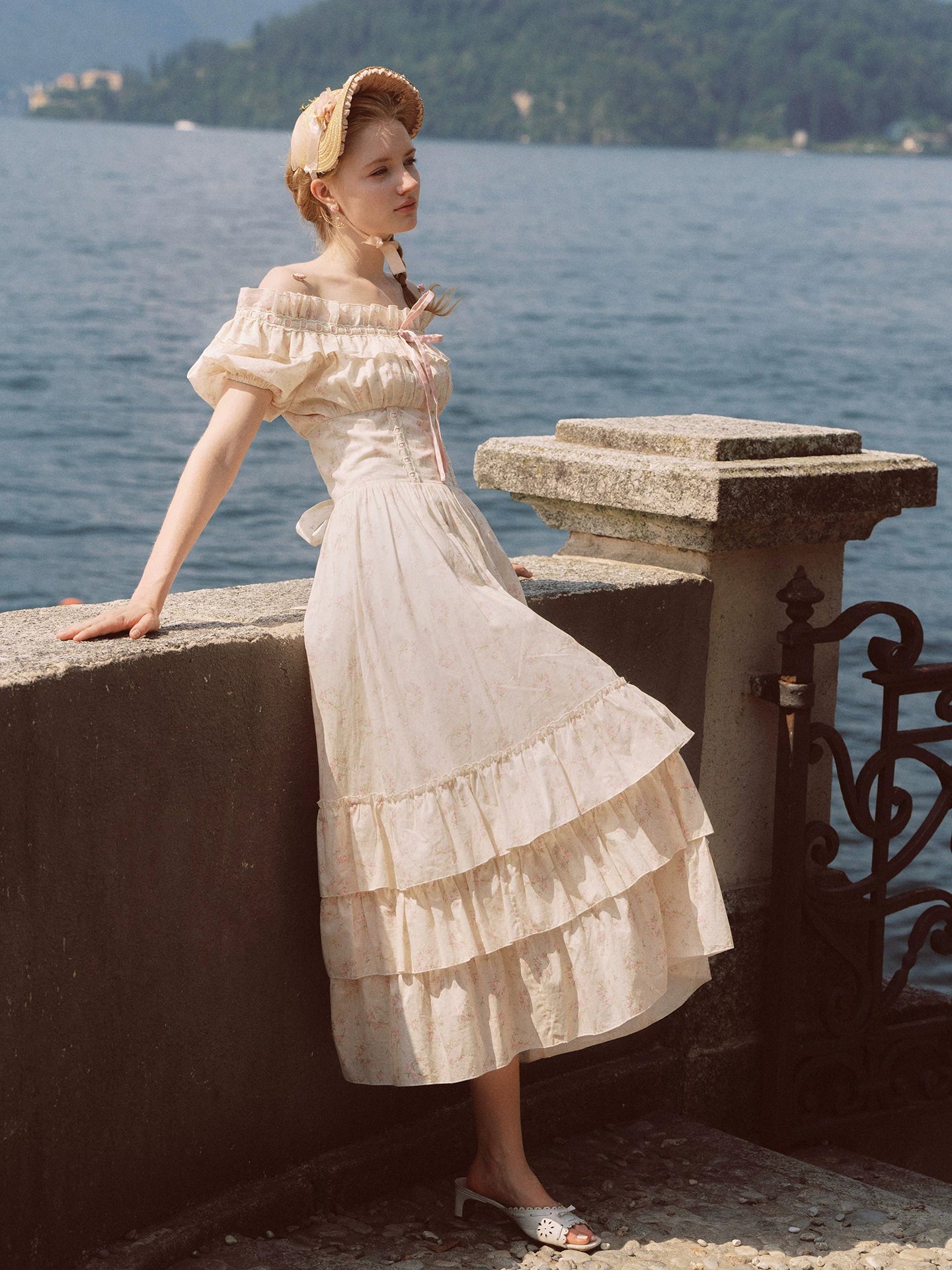 The Parisian Cotton Summer Garden Gown | Vintage Empire Waist Cotton Maxi | Slash Neck Puff Sleeve Ruffle Dress | Parisian Princess