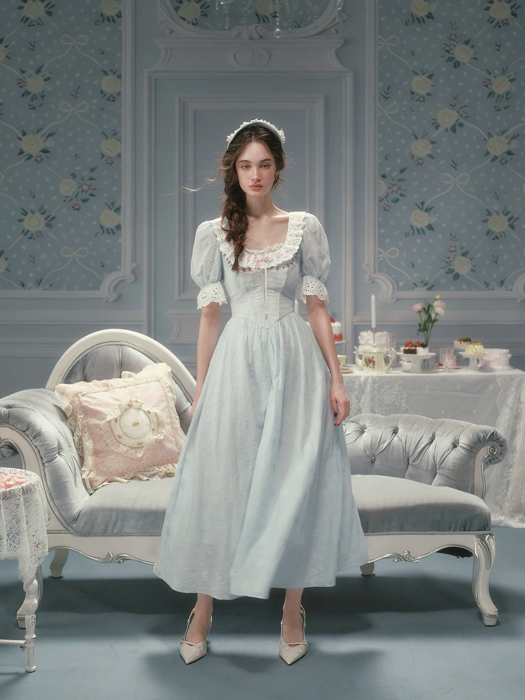 The La Croix Blue Lace Gown | Cotton Brocade Puff Sleeve Dress | Vintage Square Collar Midi | Parisian Princess