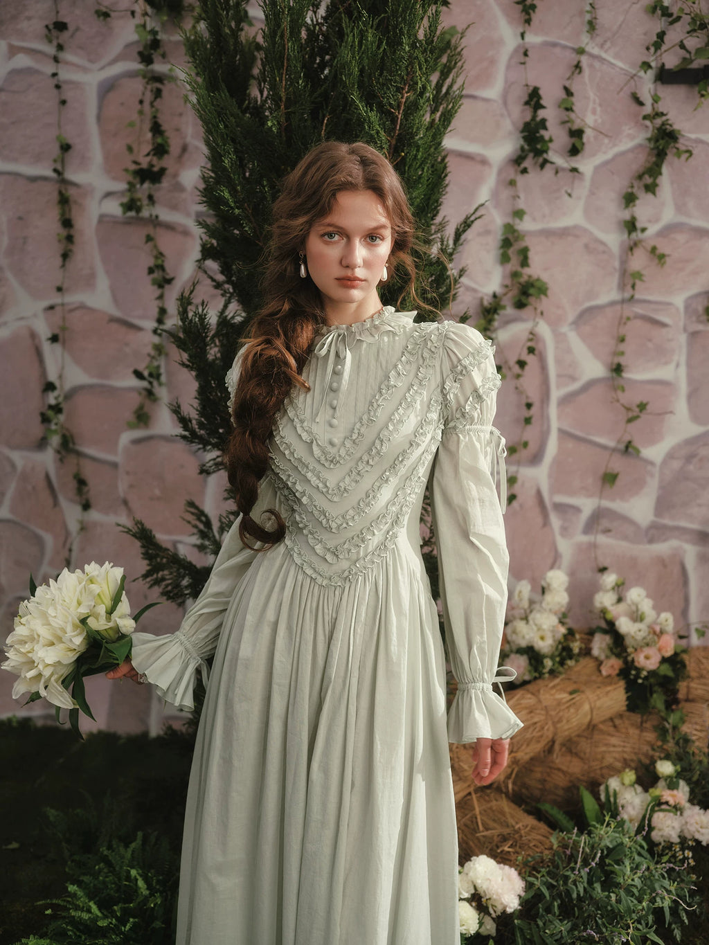 Parisian Princess French Dress Full Lantern Sleeve Long Maxi Ladies XS-XL Vintage High Waist 100% Cotton Lace Up 2025 New