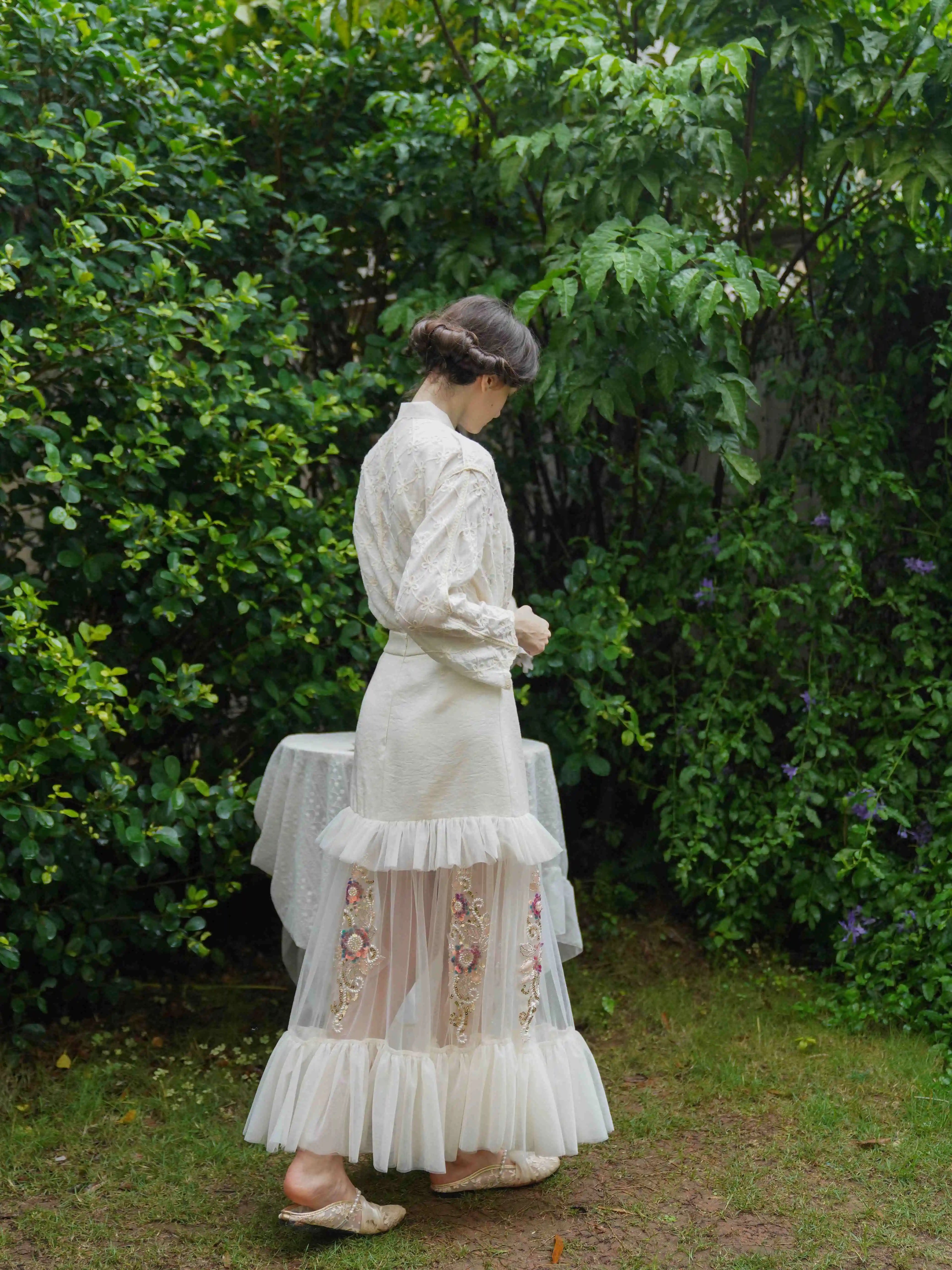 The Aurelia Beaded Gauze Skirt | Hand-Stitched Apricot Maxi | French Flounce Skirt with Ear Fringe | Parisian Princess