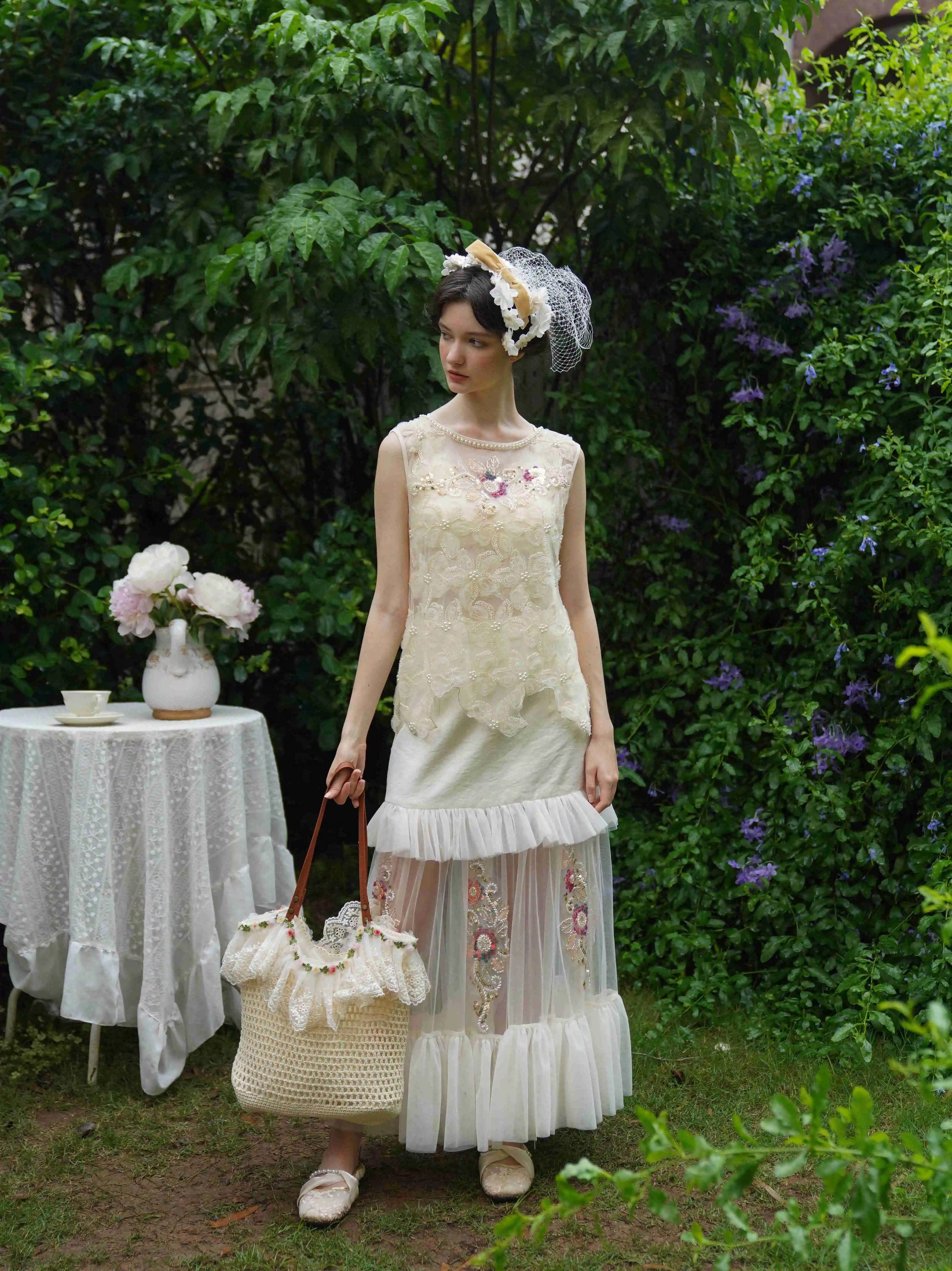 The Aurelia Beaded Gauze Skirt | Hand-Stitched Apricot Maxi | French Flounce Skirt with Ear Fringe | Parisian Princess