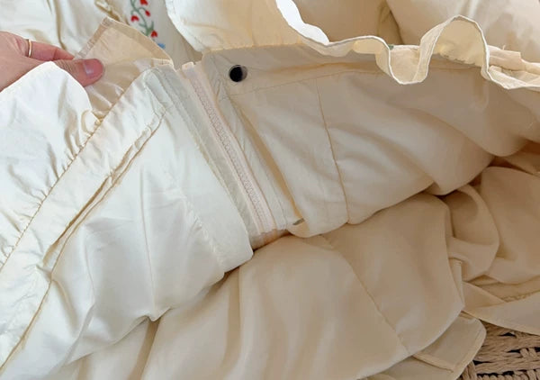 Parisian Women Full Sleeve Long Mid-Calf Thick Outerwear Hoode Zipper Down Jacket Embroidery Warm Coats Japanese Style