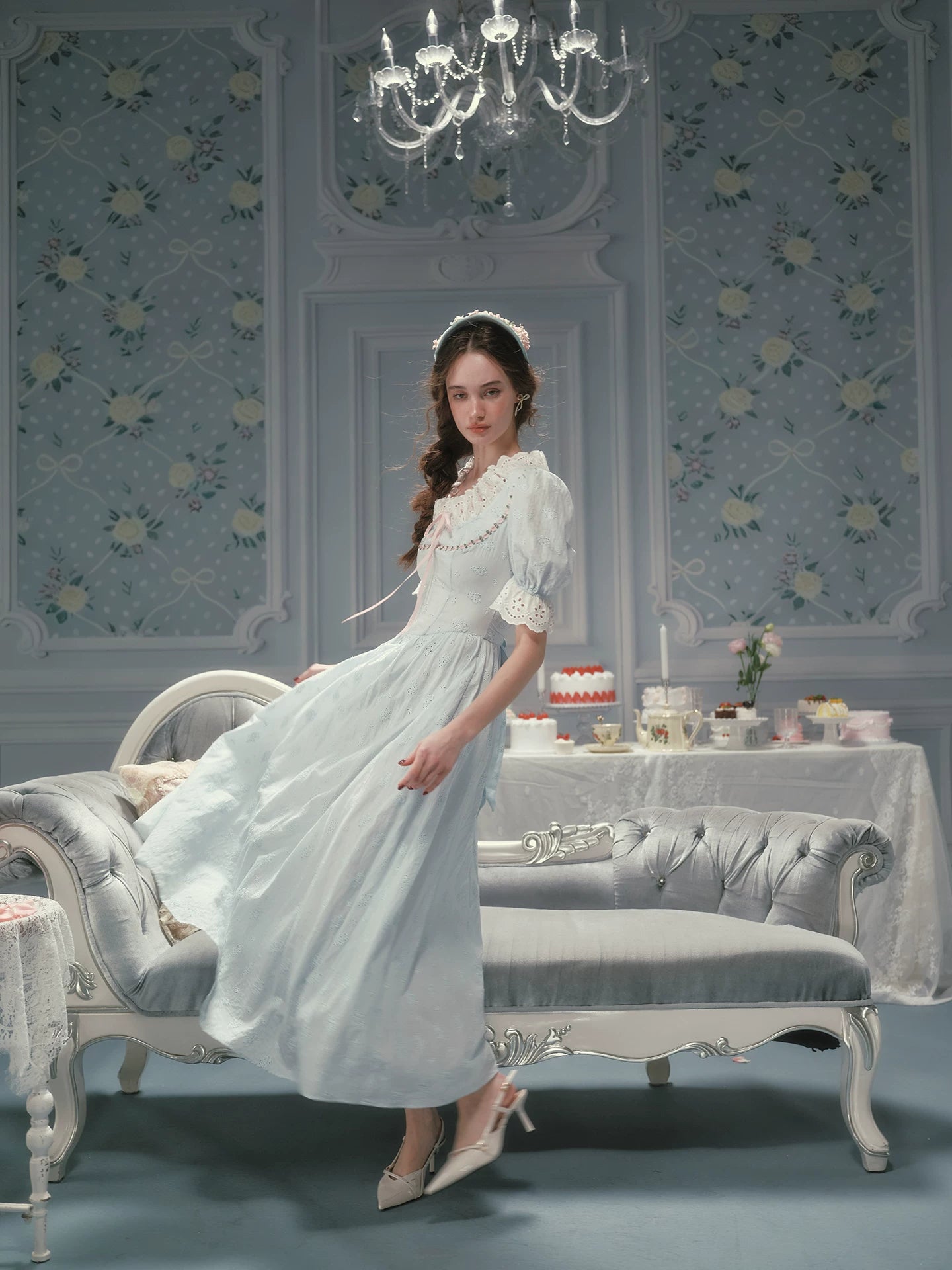 The La Croix Blue Lace Gown | Cotton Brocade Puff Sleeve Dress | Vintage Square Collar Midi | Parisian Princess