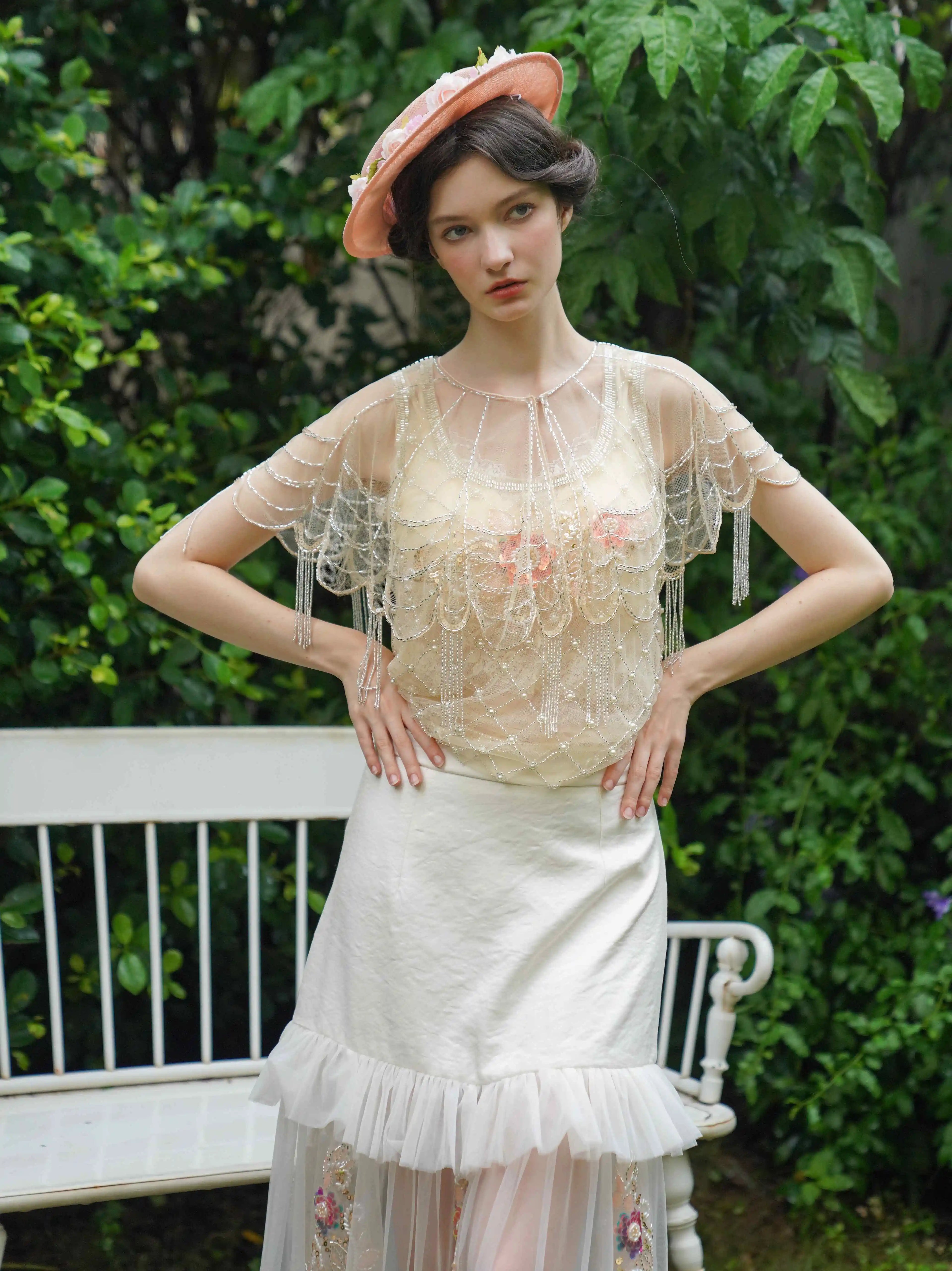 The Aurelia Beaded Gauze Skirt | Hand-Stitched Apricot Maxi | French Flounce Skirt with Ear Fringe | Parisian Princess