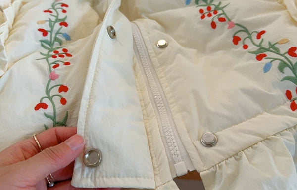 Parisian Women Full Sleeve Long Mid-Calf Thick Outerwear Hoode Zipper Down Jacket Embroidery Warm Coats Japanese Style