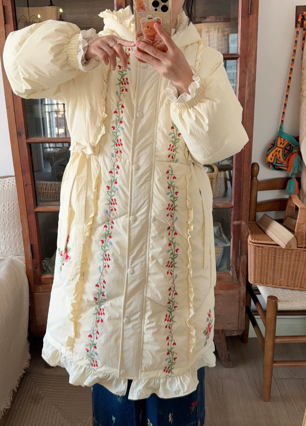 Parisian Women Full Sleeve Long Mid-Calf Thick Outerwear Hoode Zipper Down Jacket Embroidery Warm Coats Japanese Style