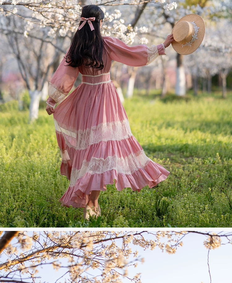 Parisian Long Maxi Women Ladies Dress Full Lantern Sleeve Pink Lace Patchwork 2025 New S-XL Spring Autumn Summer Square Collar