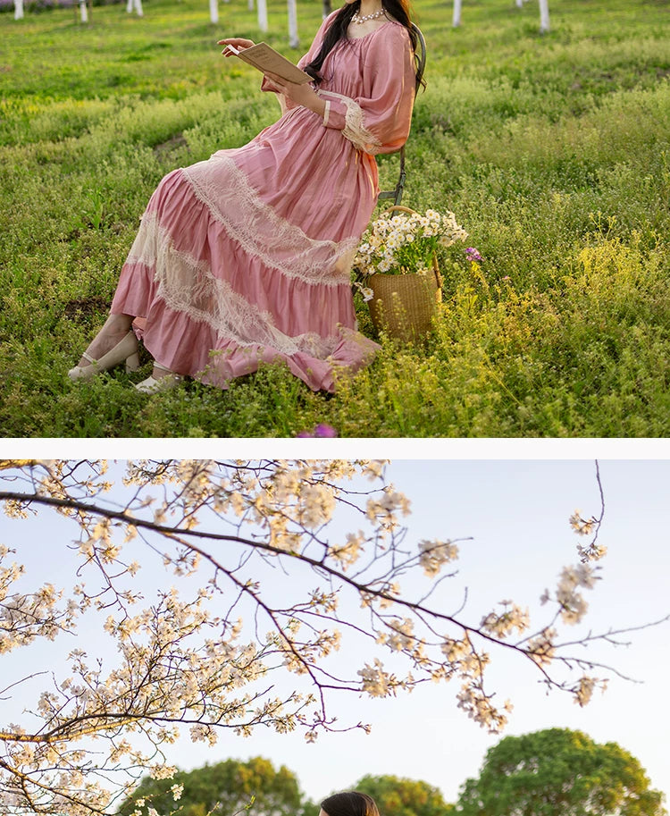 Parisian Long Maxi Women Ladies Dress Full Lantern Sleeve Pink Lace Patchwork 2025 New S-XL Spring Autumn Summer Square Collar