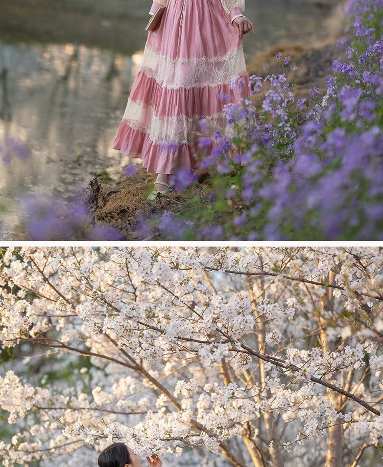 Parisian Long Maxi Women Ladies Dress Full Lantern Sleeve Pink Lace Patchwork 2025 New S-XL Spring Autumn Summer Square Collar