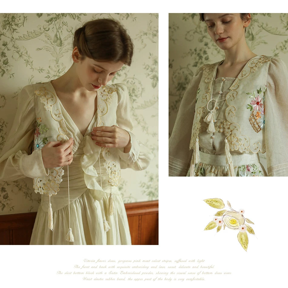 The Trianon Embroidered Vest | French Cotton Floral Waistcoat | Vintage Botanical Tassel Gilet | Parisian Princess