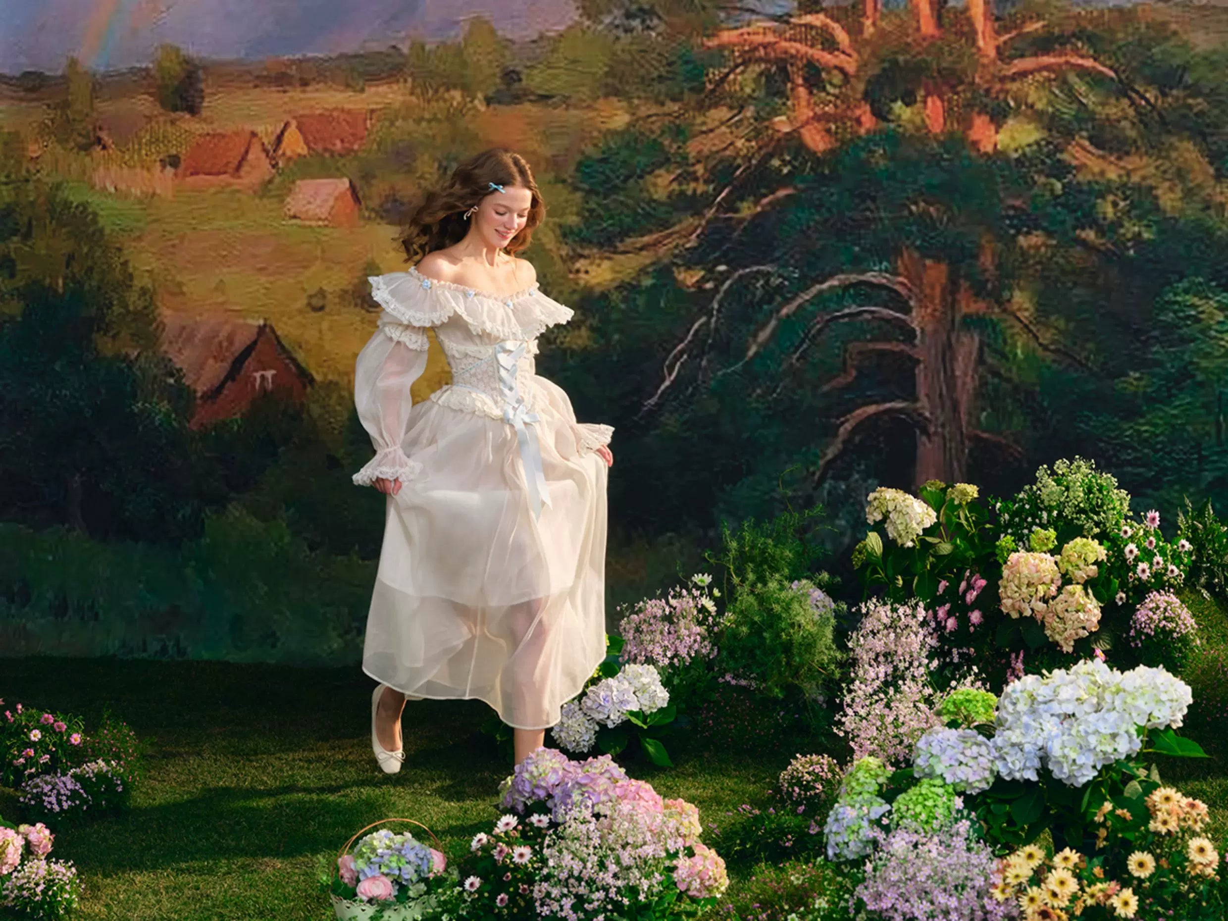 French Countryside Dress Full Lantern Sleeve Long Maxi Ladies XS-XL Vintage High Waist Lace Slash Neck White Lace Up 2025