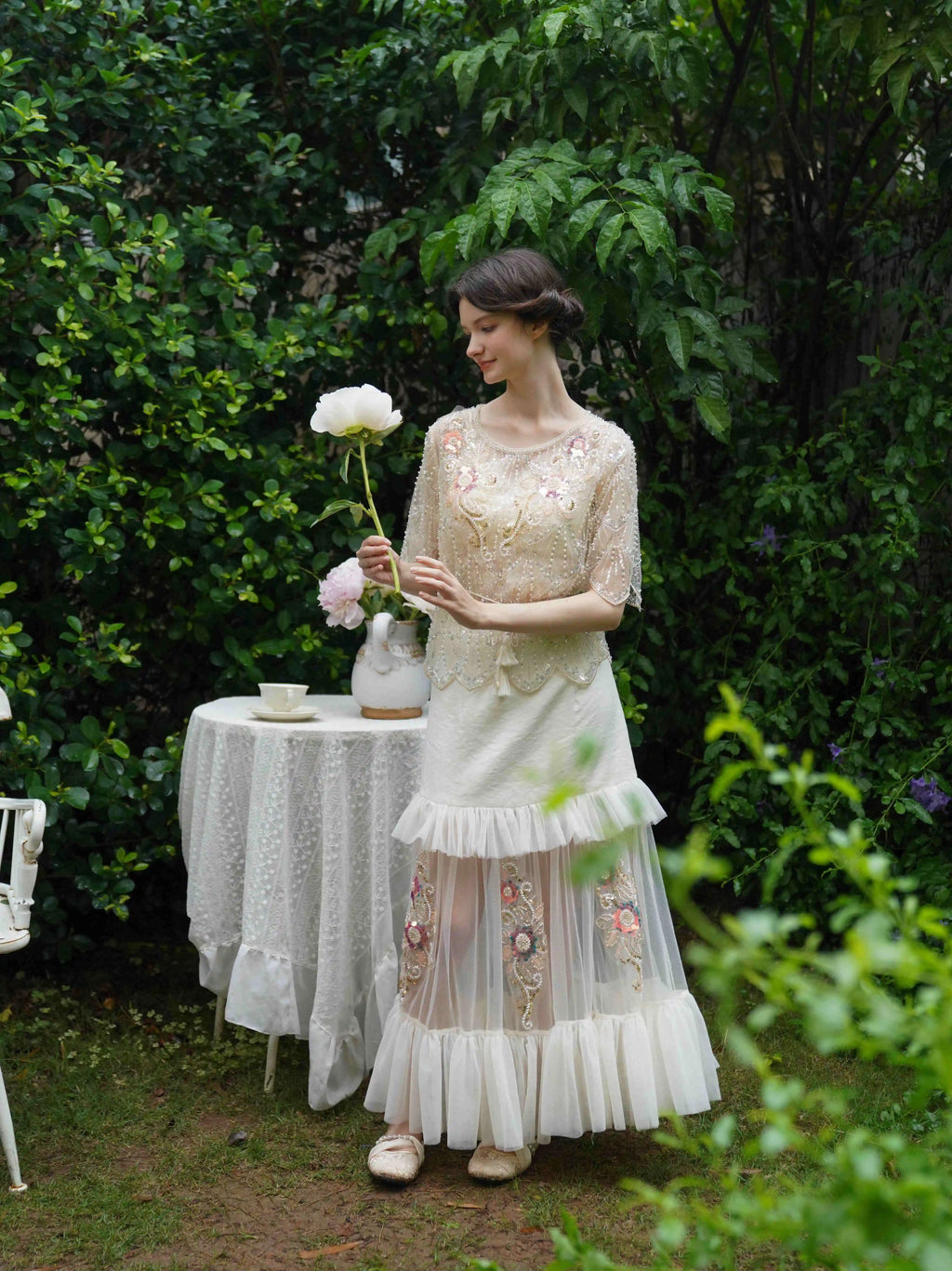 The Aurelia Beaded Gauze Skirt | Hand-Stitched Apricot Maxi | French Flounce Skirt with Ear Fringe | Parisian Princess