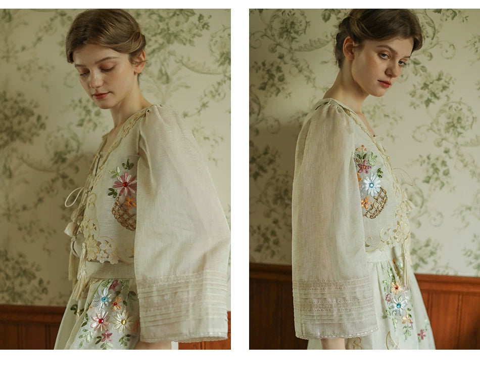 The Trianon Embroidered Vest | French Cotton Floral Waistcoat | Vintage Botanical Tassel Gilet | Parisian Princess