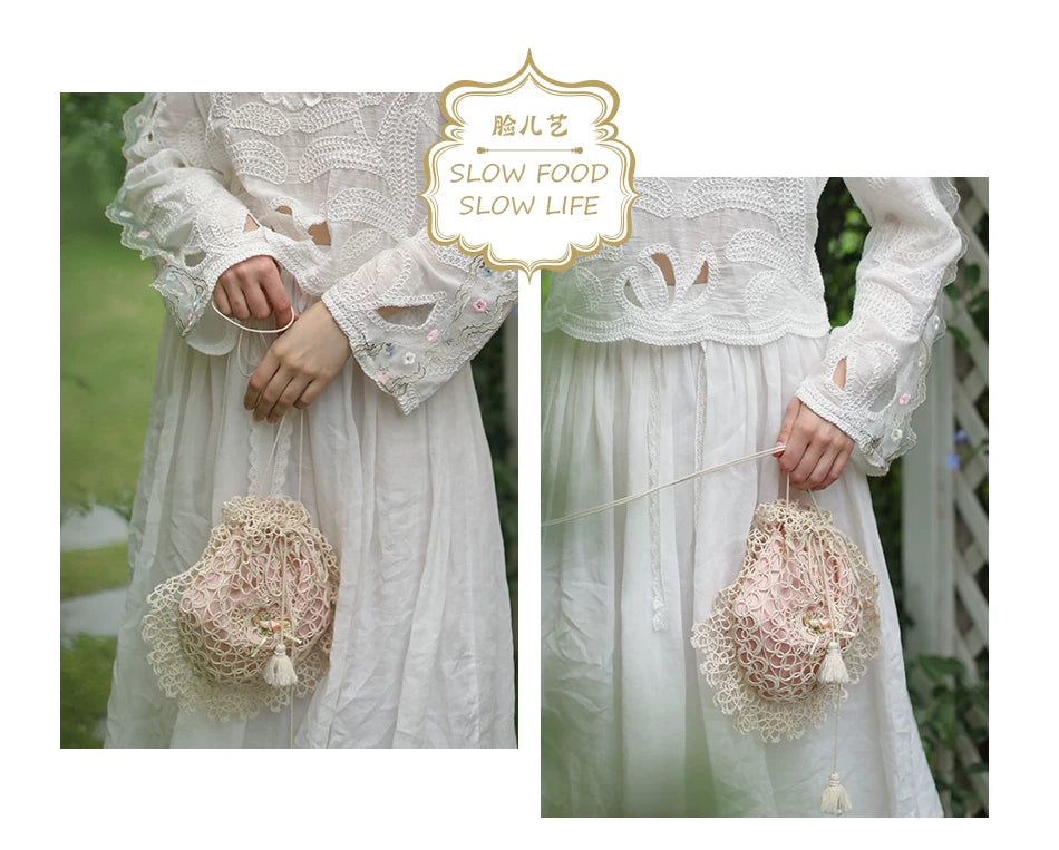 Lianer Art Hand-stitched Hollow Out Mori Kei Weaven Bags