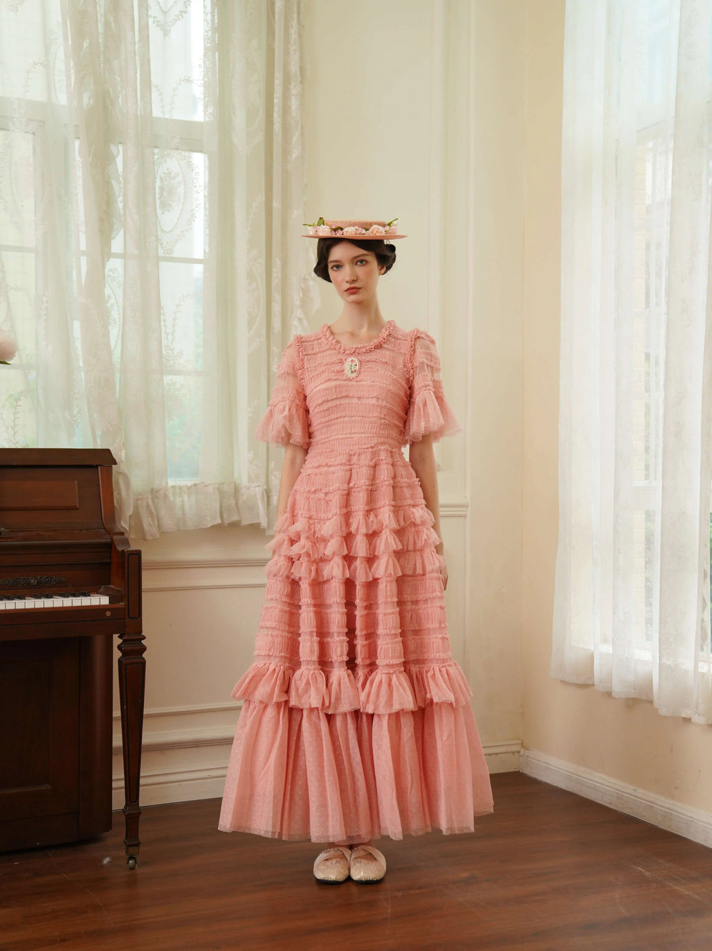 The Candy-Pink Promenade Gown | Hand-Embroidered Tiered Ballgown | Spring Mesh Cake Dress | Parisian Princess