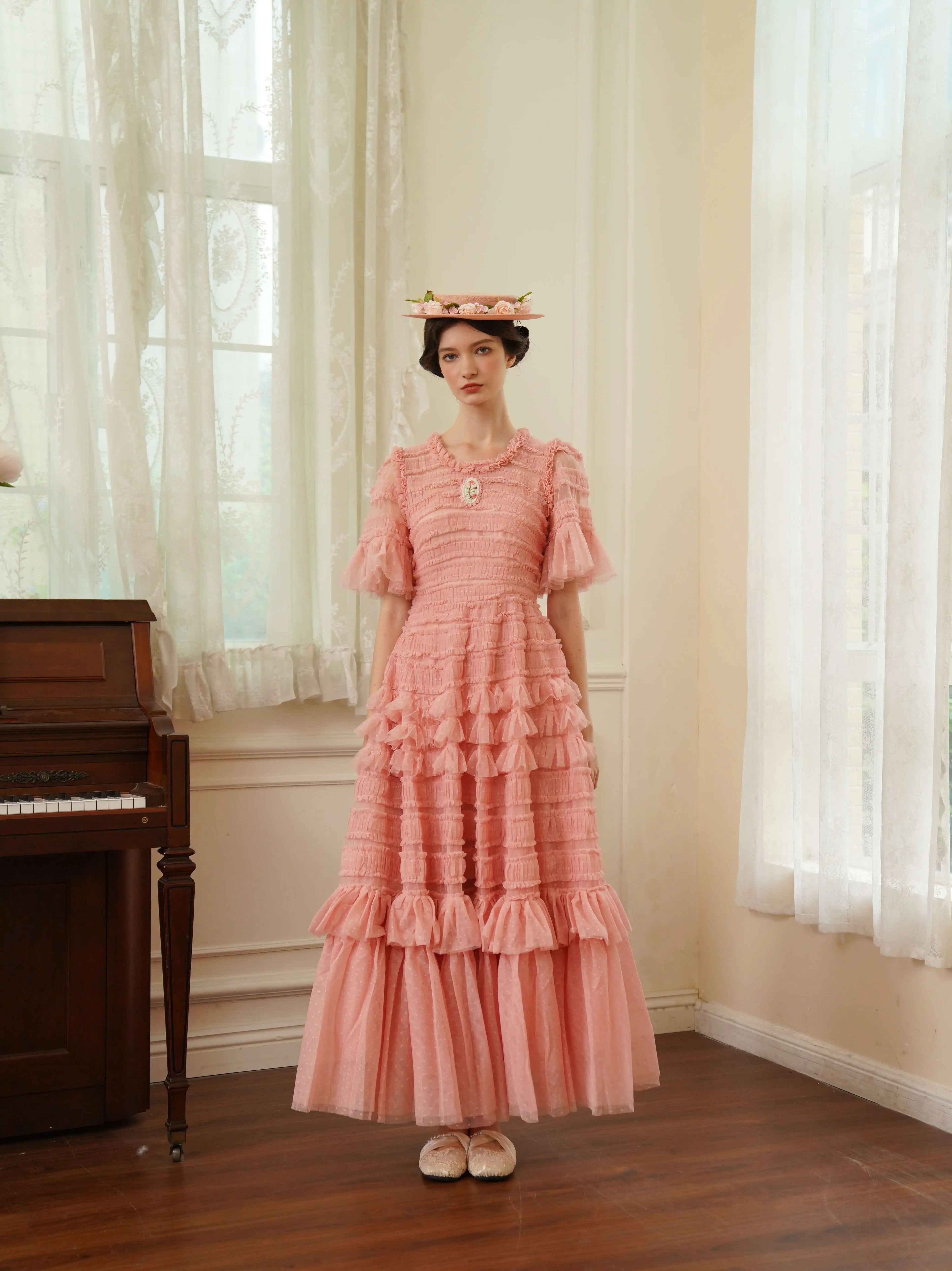 The Candy-Pink Promenade Gown | Hand-Embroidered Tiered Ballgown | Spring Mesh Cake Dress | Parisian Princess