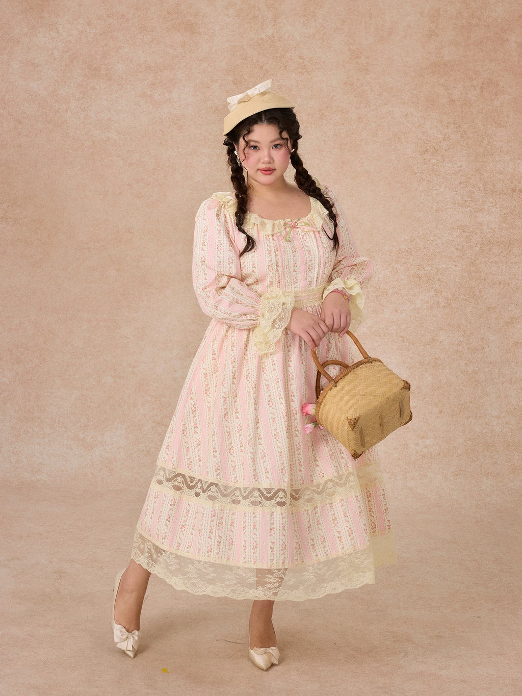 The Curvy Court Bordeaux Beauty Dress | French Lace-Up Lantern Sleeve Maxi | 100% Botanical Cotton Print Gown | Vintage Parisian High-Waist Fit & Flare
