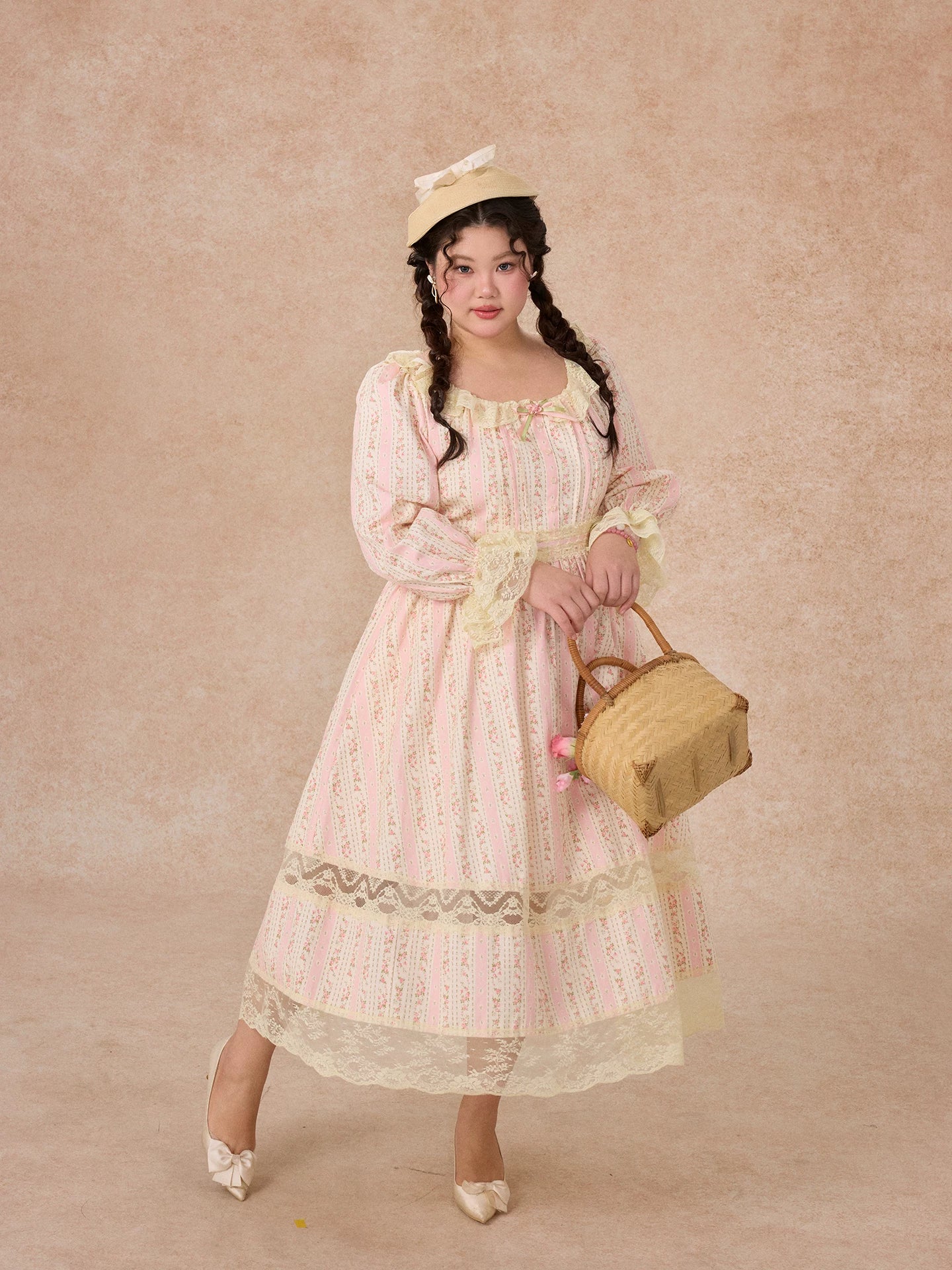 The Curvy Court Bordeaux Beauty Dress | French Lace-Up Lantern Sleeve Maxi | 100% Botanical Cotton Print Gown | Vintage Parisian High-Waist Fit & Flare