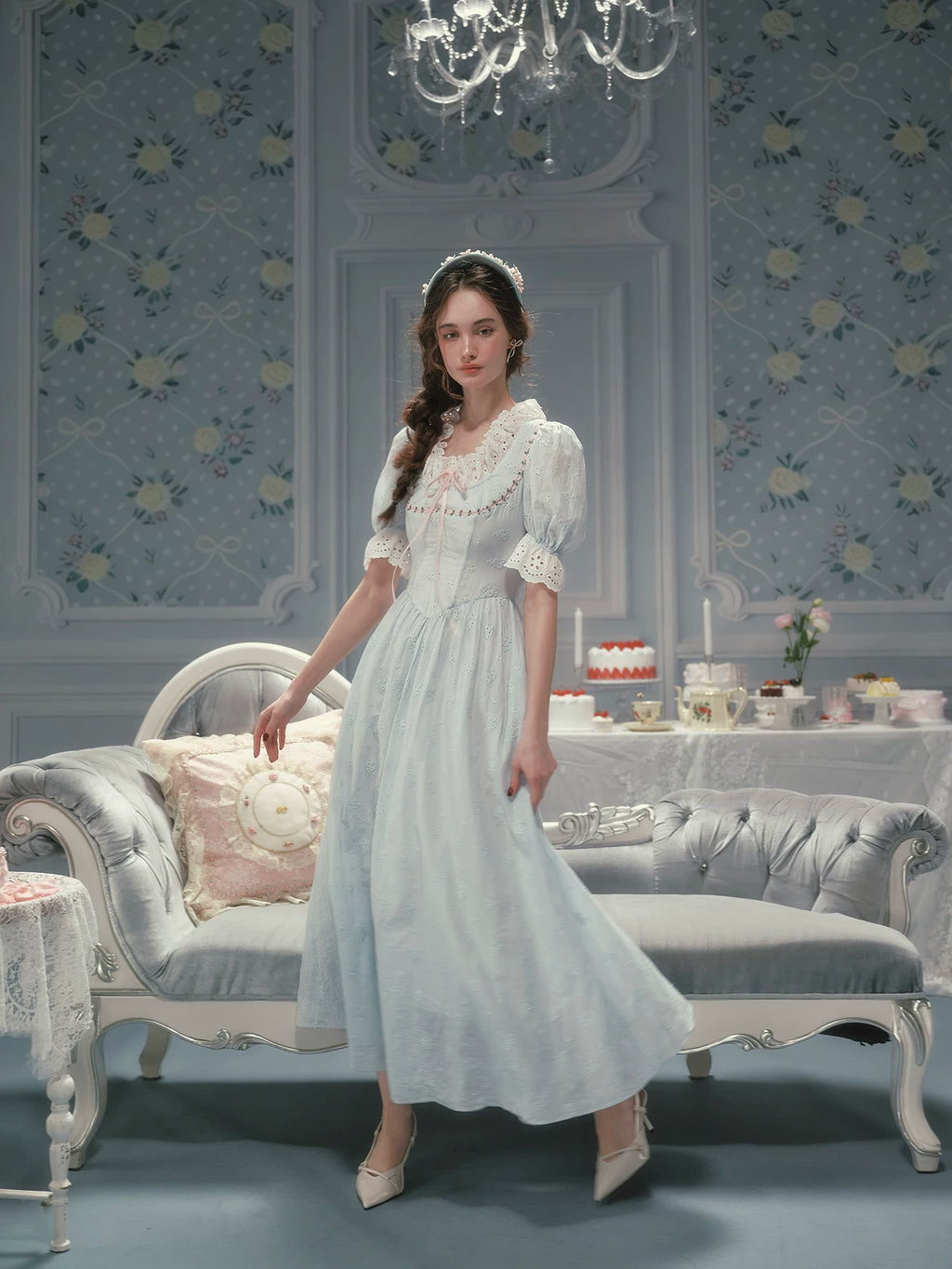 The La Croix Blue Lace Gown | Cotton Brocade Puff Sleeve Dress | Vintage Square Collar Midi | Parisian Princess