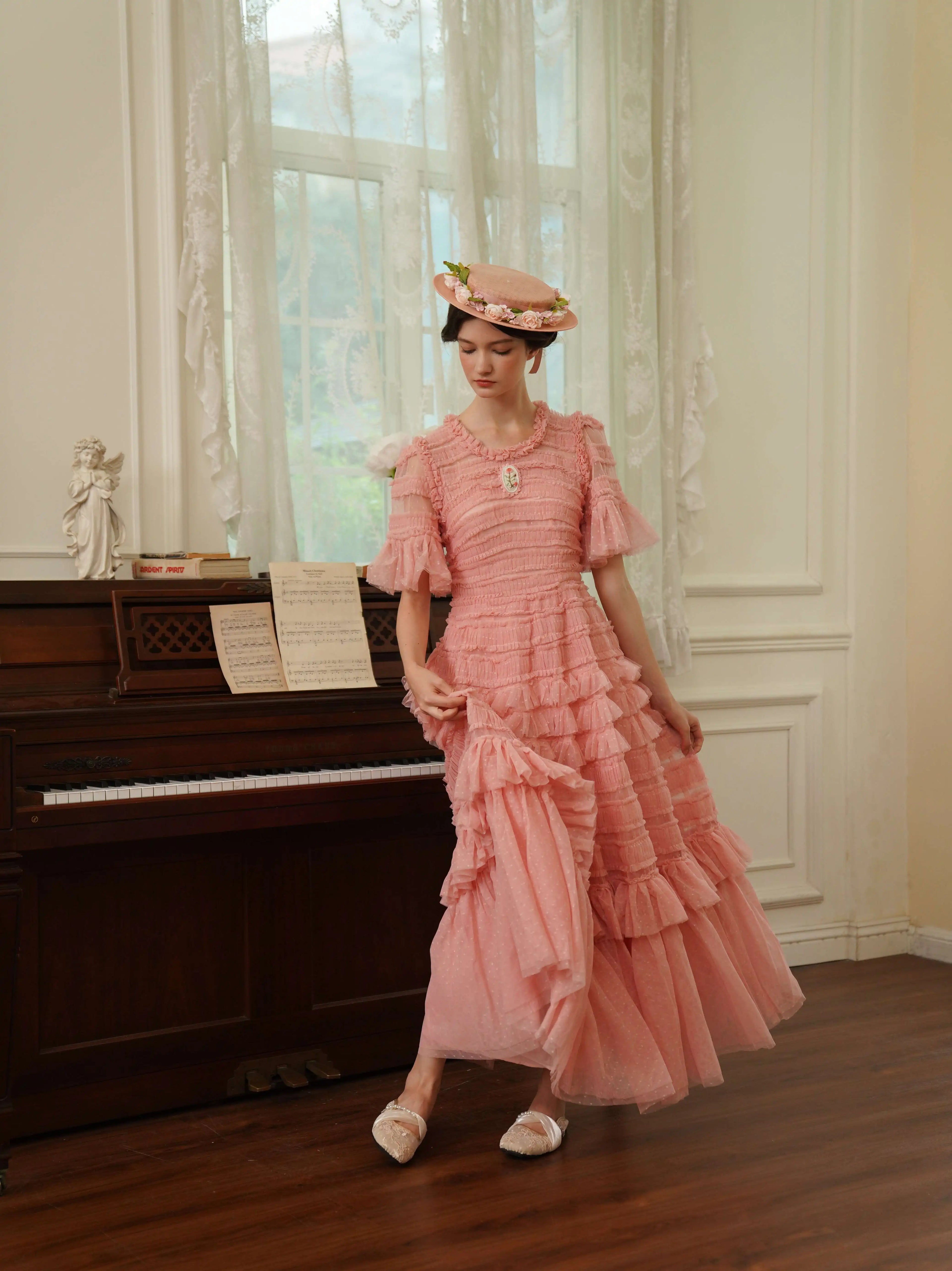 The Candy-Pink Promenade Gown | Hand-Embroidered Tiered Ballgown | Spring Mesh Cake Dress | Parisian Princess