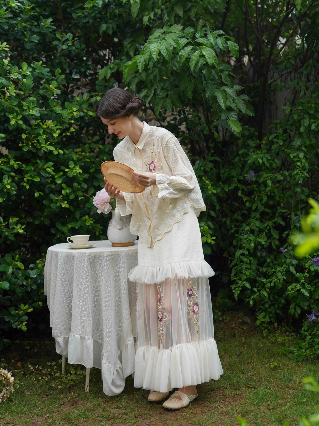 The Aurelia Beaded Gauze Skirt | Hand-Stitched Apricot Maxi | French Flounce Skirt with Ear Fringe | Parisian Princess