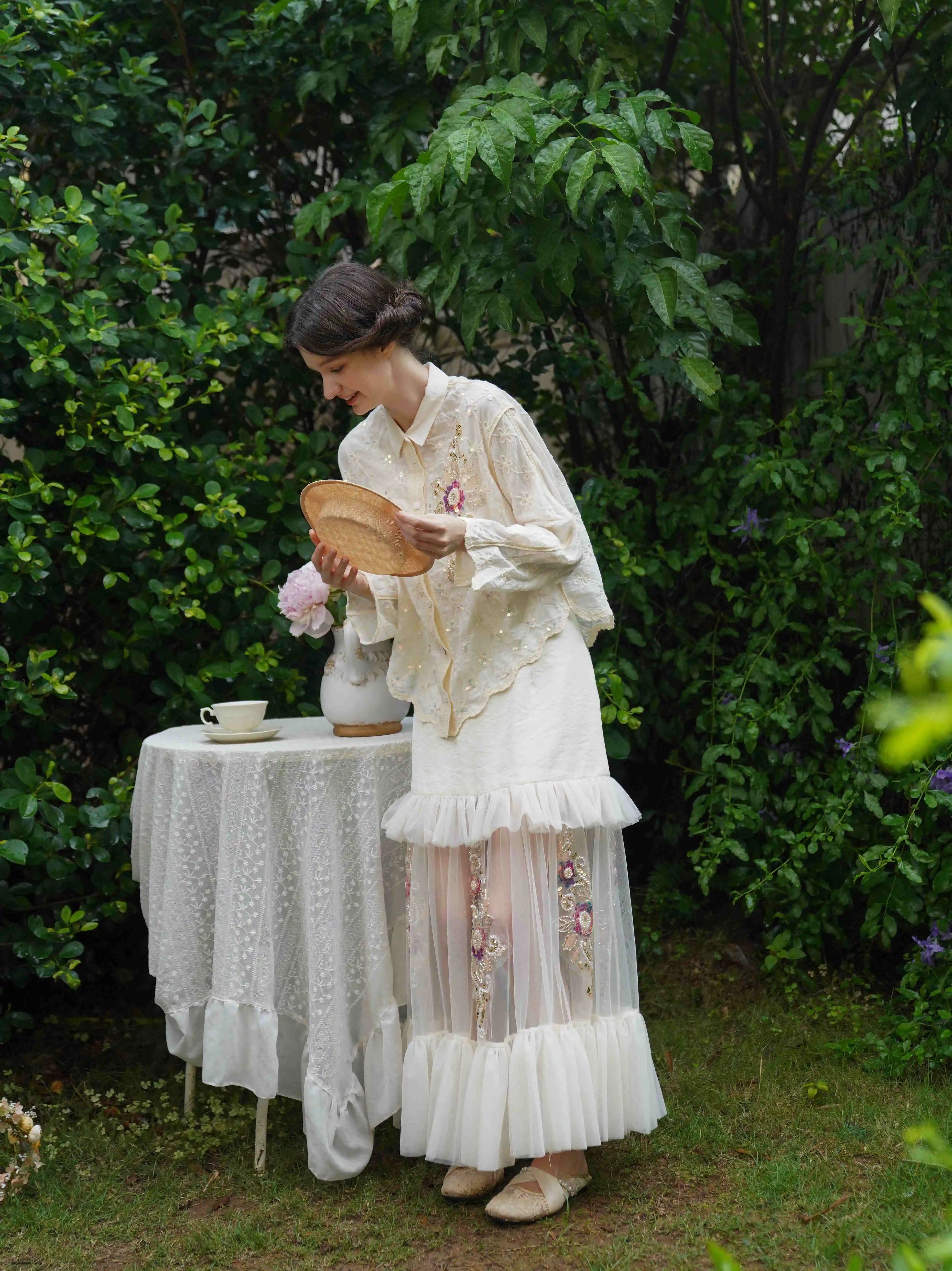 The Aurelia Beaded Gauze Skirt | Hand-Stitched Apricot Maxi | French Flounce Skirt with Ear Fringe | Parisian Princess