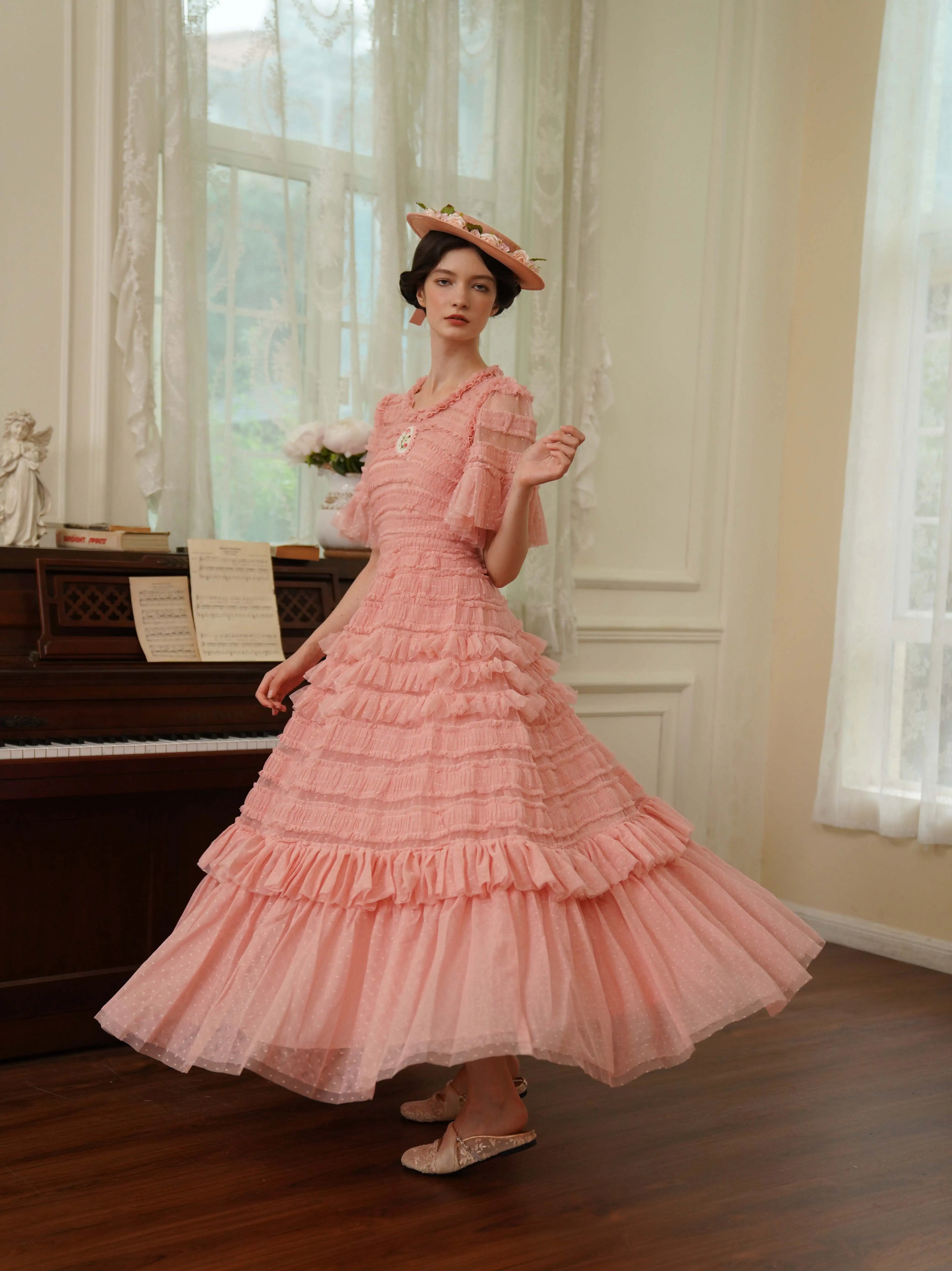 The Candy-Pink Promenade Gown | Hand-Embroidered Tiered Ballgown | Spring Mesh Cake Dress | Parisian Princess