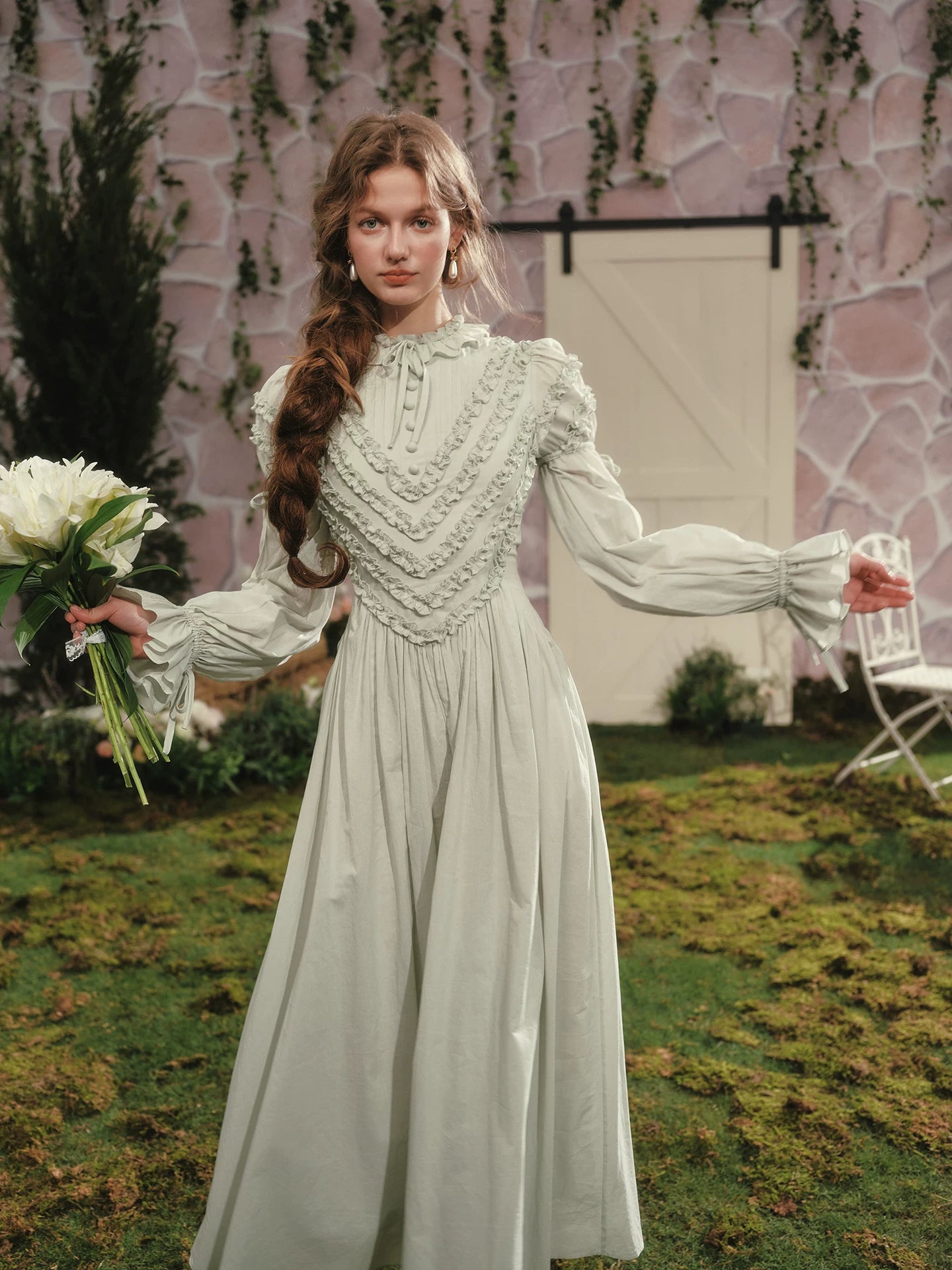 Parisian Princess French Dress Full Lantern Sleeve Long Maxi Ladies XS-XL Vintage High Waist 100% Cotton Lace Up 2025 New