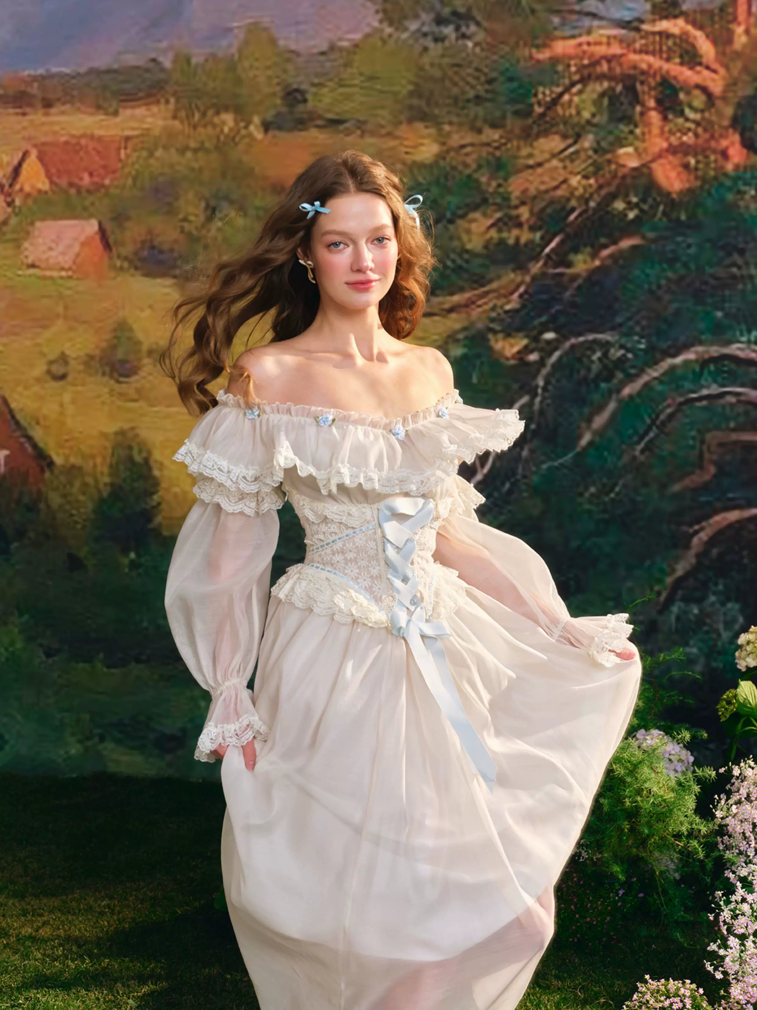 French Countryside Dress Full Lantern Sleeve Long Maxi Ladies XS-XL Vintage High Waist Lace Slash Neck White Lace Up 2025