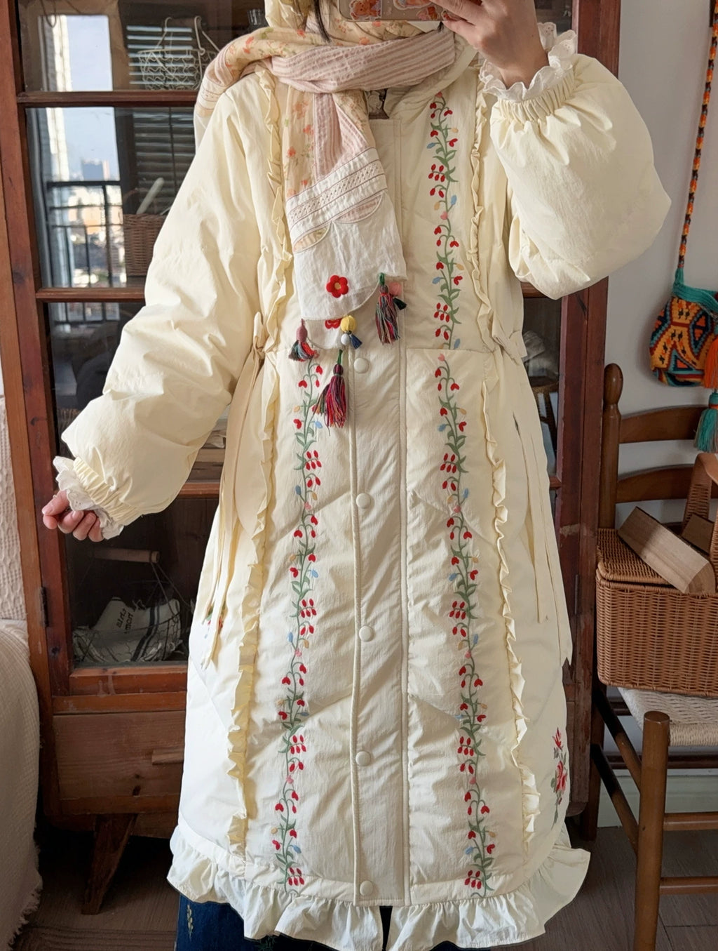 Parisian Women Full Sleeve Long Mid-Calf Thick Outerwear Hoode Zipper Down Jacket Embroidery Warm Coats Japanese Style