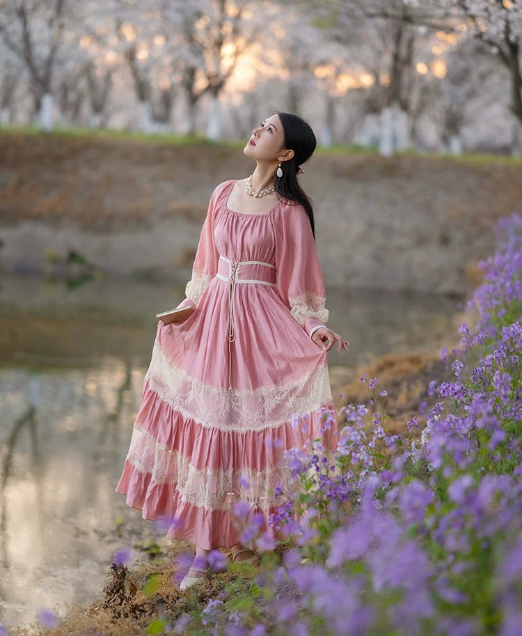 Parisian Long Maxi Women Ladies Dress Full Lantern Sleeve Pink Lace Patchwork 2025 New S-XL Spring Autumn Summer Square Collar