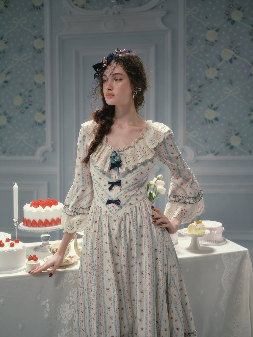 Parisian Cotton Lace Trimmed Women Dress Three Quarter Flare Sleeve Long Maxi Ladies V-Neck XS-XL Vintage High Waist Printed 2026