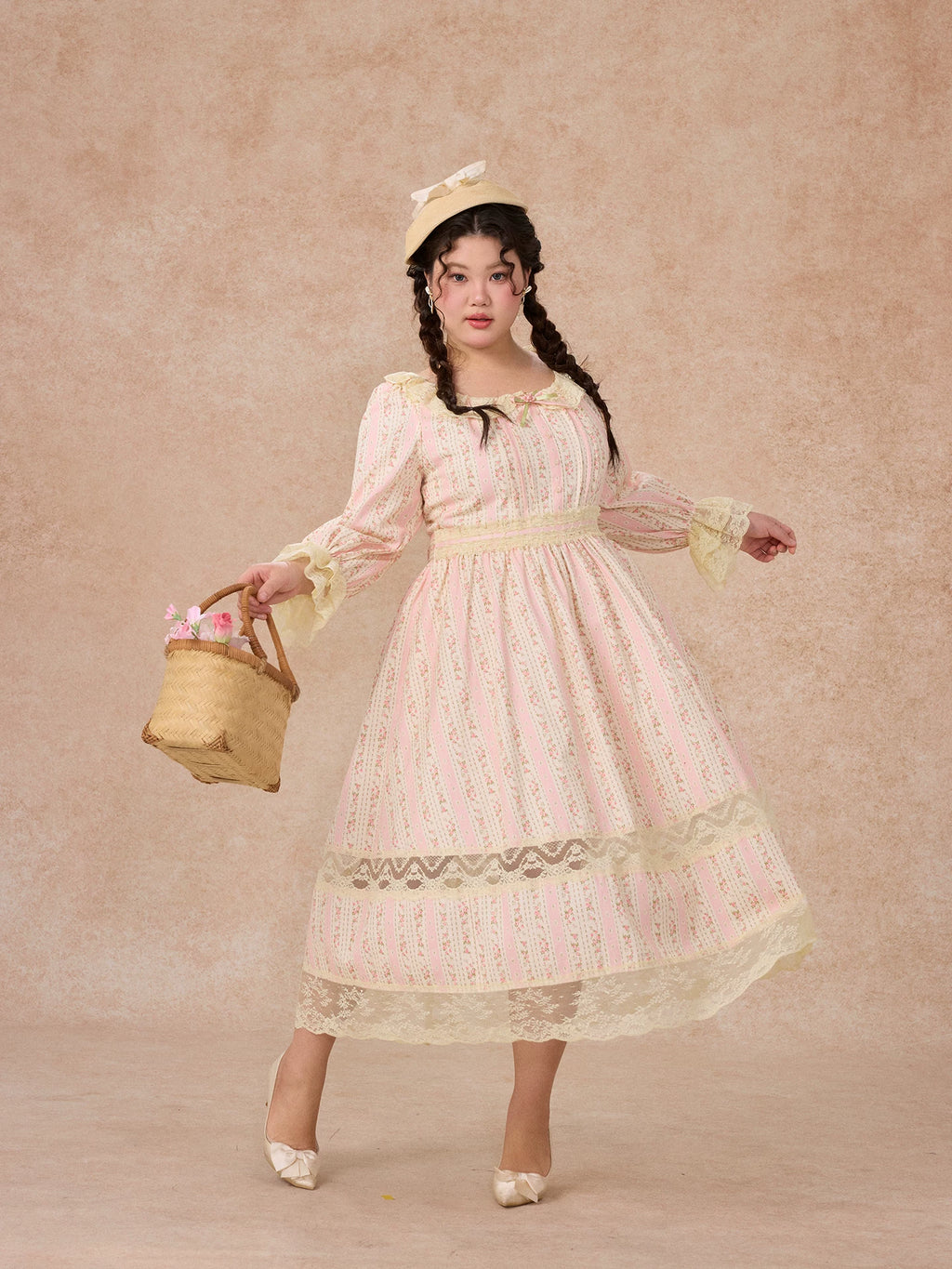 The Curvy Court Bordeaux Beauty Dress | French Lace-Up Lantern Sleeve Maxi | 100% Botanical Cotton Print Gown | Vintage Parisian High-Waist Fit & Flare
