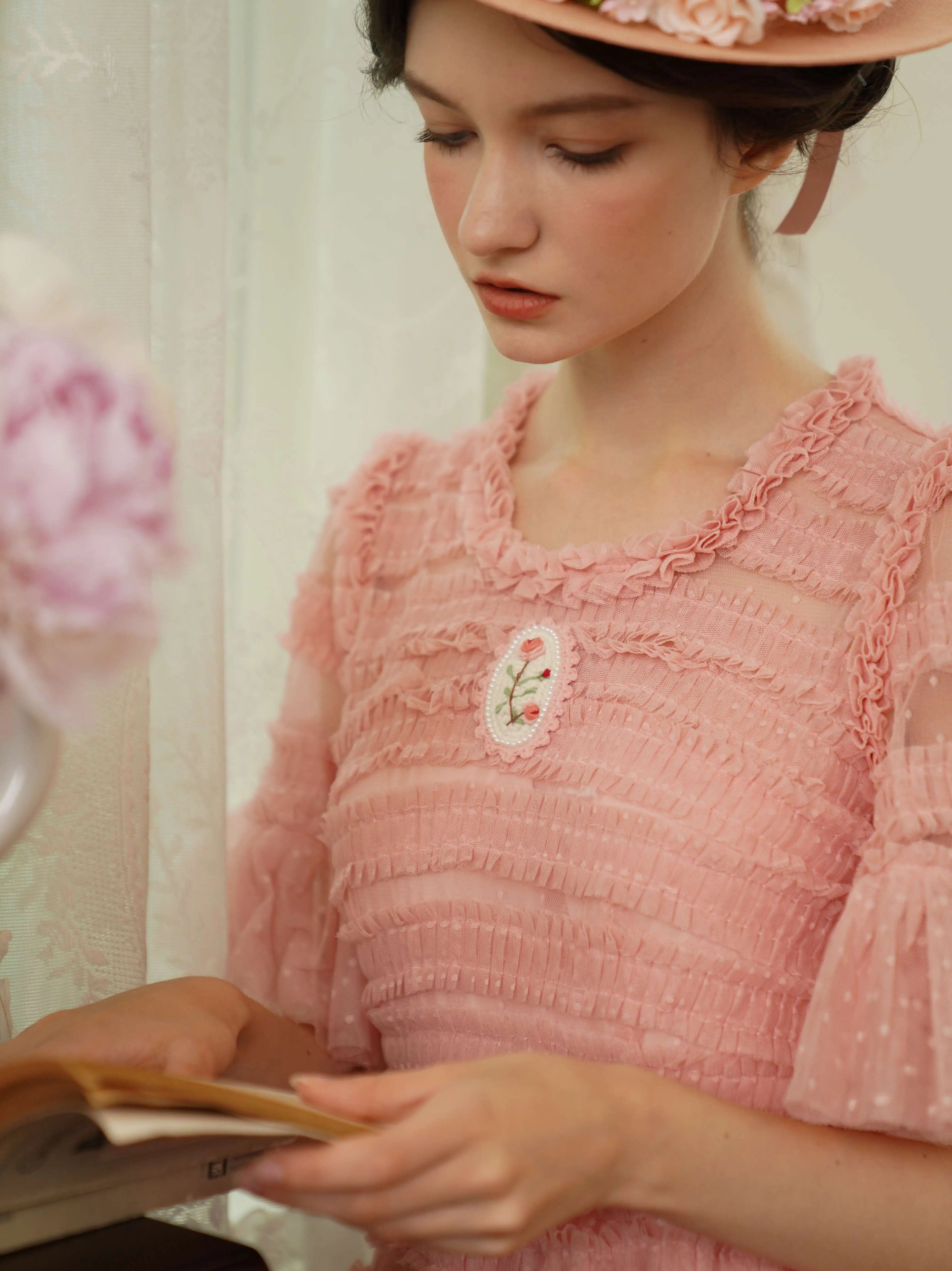 The Candy-Pink Promenade Gown | Hand-Embroidered Tiered Ballgown | Spring Mesh Cake Dress | Parisian Princess