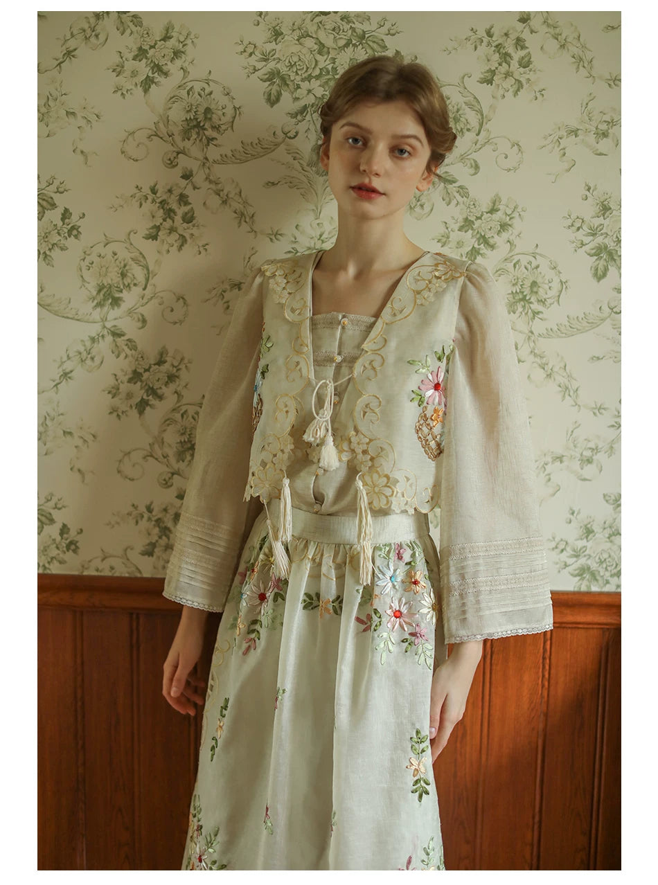 The Trianon Embroidered Vest | French Cotton Floral Waistcoat | Vintage Botanical Tassel Gilet | Parisian Princess