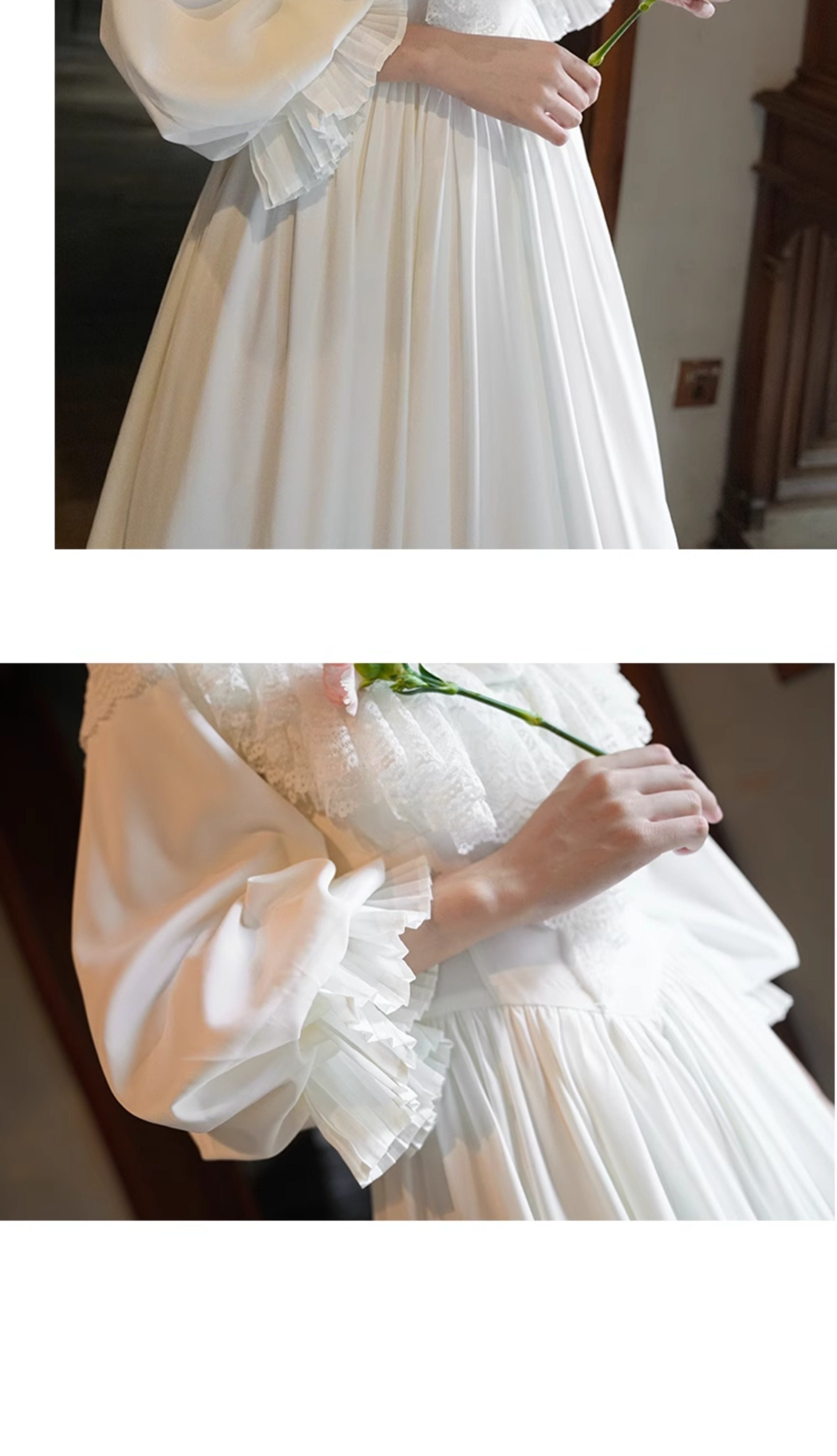 Parisian Satin Lace Dress Lantern Sleeve Long Maxi Ladies S-XL Vintage High Waist 2025 New V Neck White