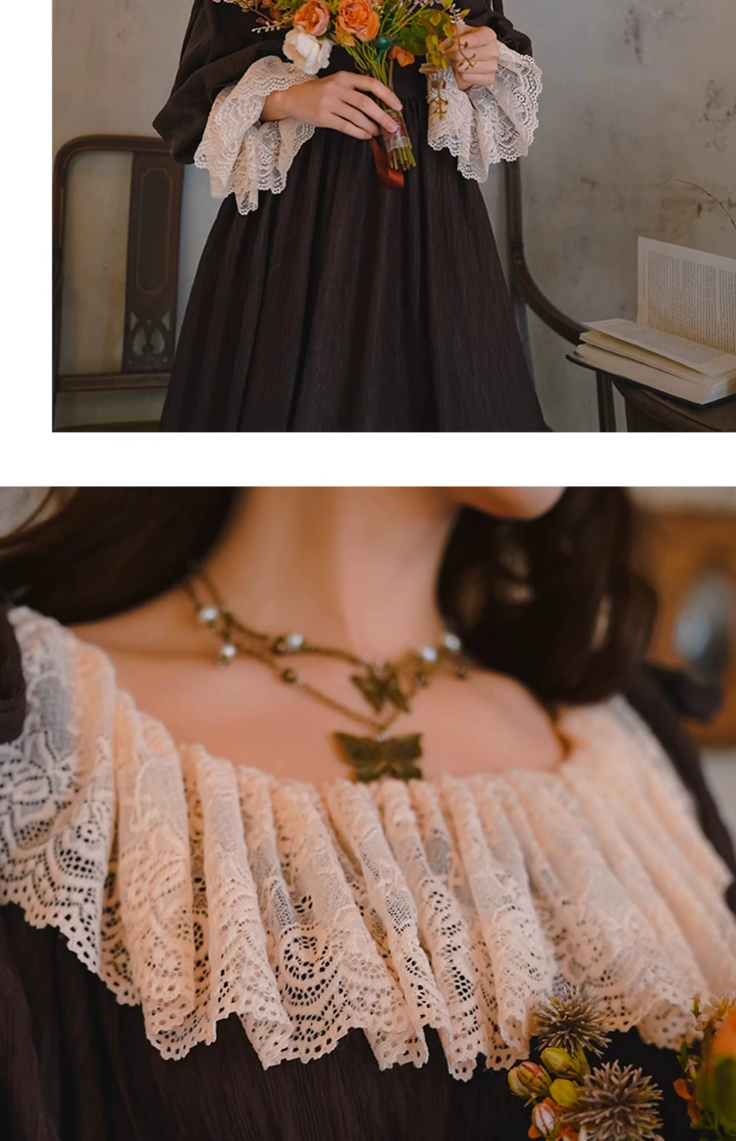 Parisian Women French Court Retro Lace Corset Puff Sleeve Jacquard Texture Dress