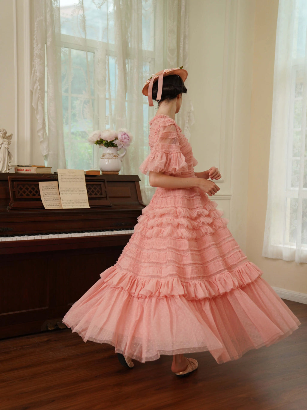 The Candy-Pink Promenade Gown | Hand-Embroidered Tiered Ballgown | Spring Mesh Cake Dress | Parisian Princess