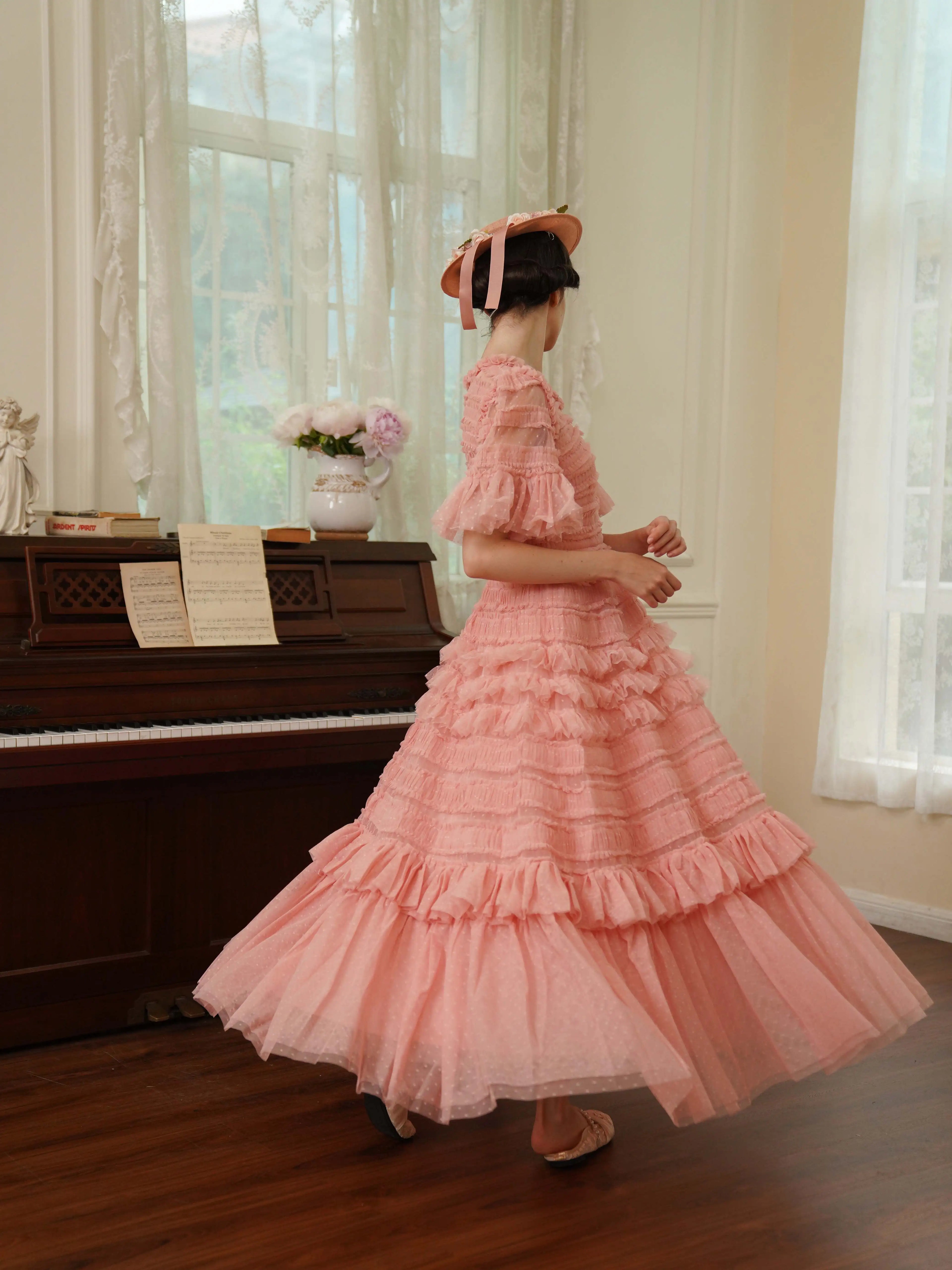 The Candy-Pink Promenade Gown | Hand-Embroidered Tiered Ballgown | Spring Mesh Cake Dress | Parisian Princess