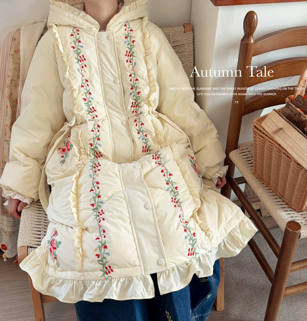 Parisian Women Full Sleeve Long Mid-Calf Thick Outerwear Hoode Zipper Down Jacket Embroidery Warm Coats Japanese Style