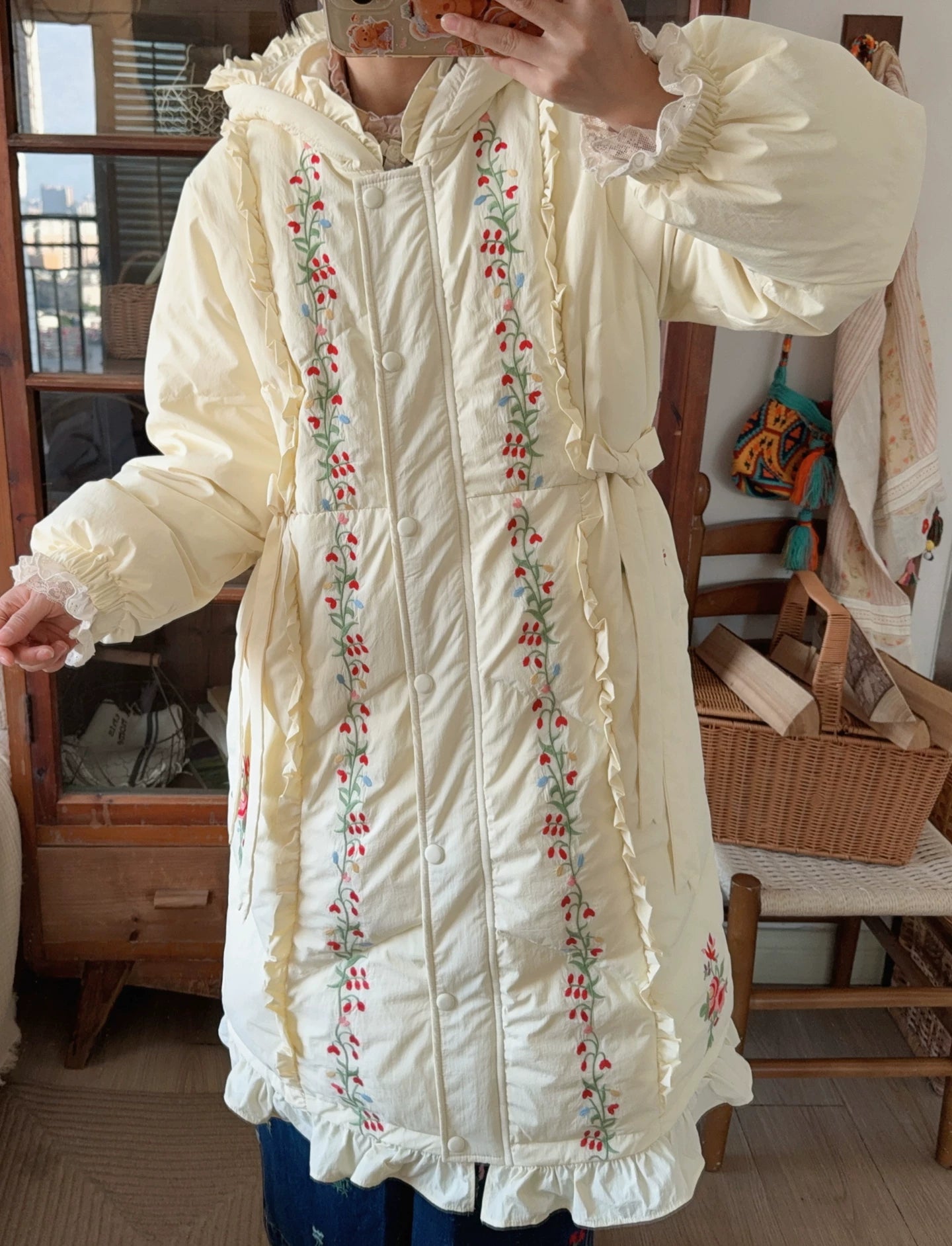 Parisian Women Full Sleeve Long Mid-Calf Thick Outerwear Hoode Zipper Down Jacket Embroidery Warm Coats Japanese Style