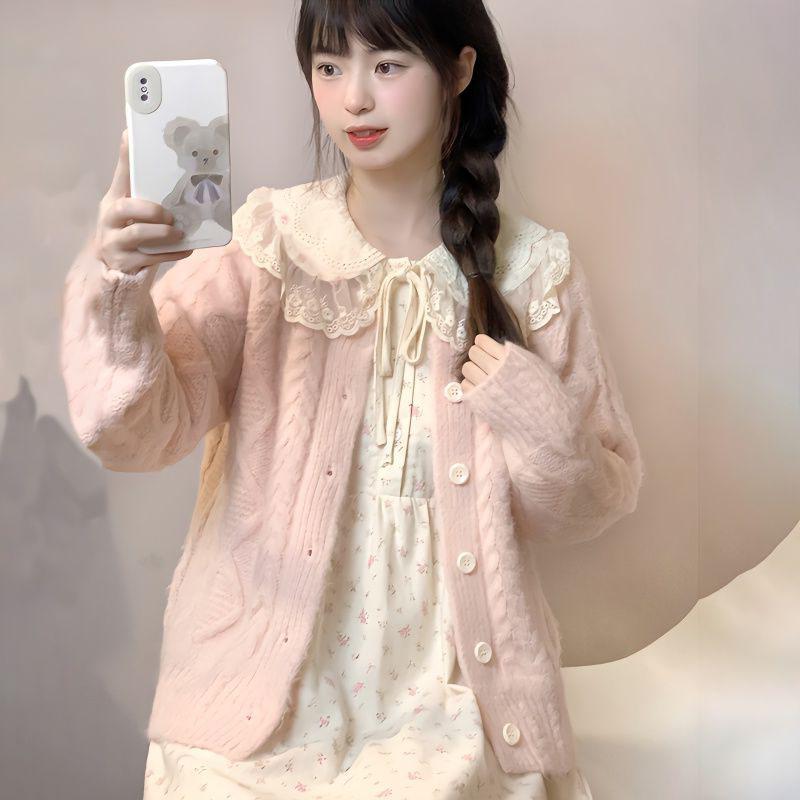 Autumn Winter Parisian Sweet Super Fairy Knitting Cardigan Sweater Outwear + Doll Collar Floral Dress Two-piece Set Women's Clothing