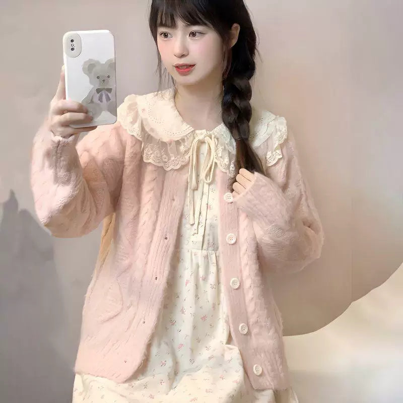 Autumn Winter Parisian Sweet Super Fairy Knitting Cardigan Sweater Outwear + Doll Collar Floral Dress Two-piece Set Women's Clothing