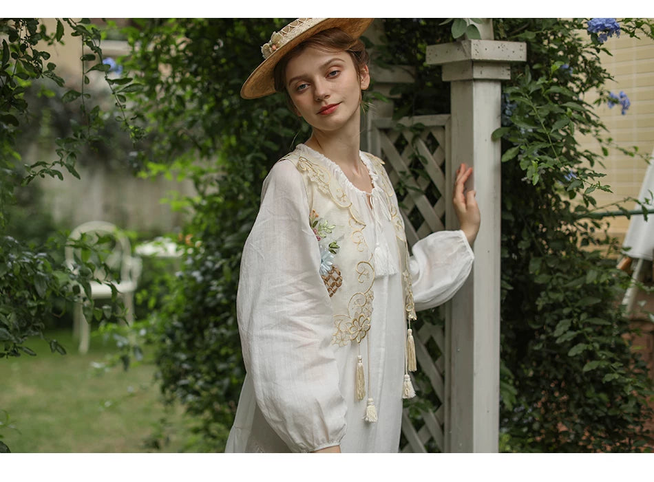 The Trianon Embroidered Vest | French Cotton Floral Waistcoat | Vintage Botanical Tassel Gilet | Parisian Princess