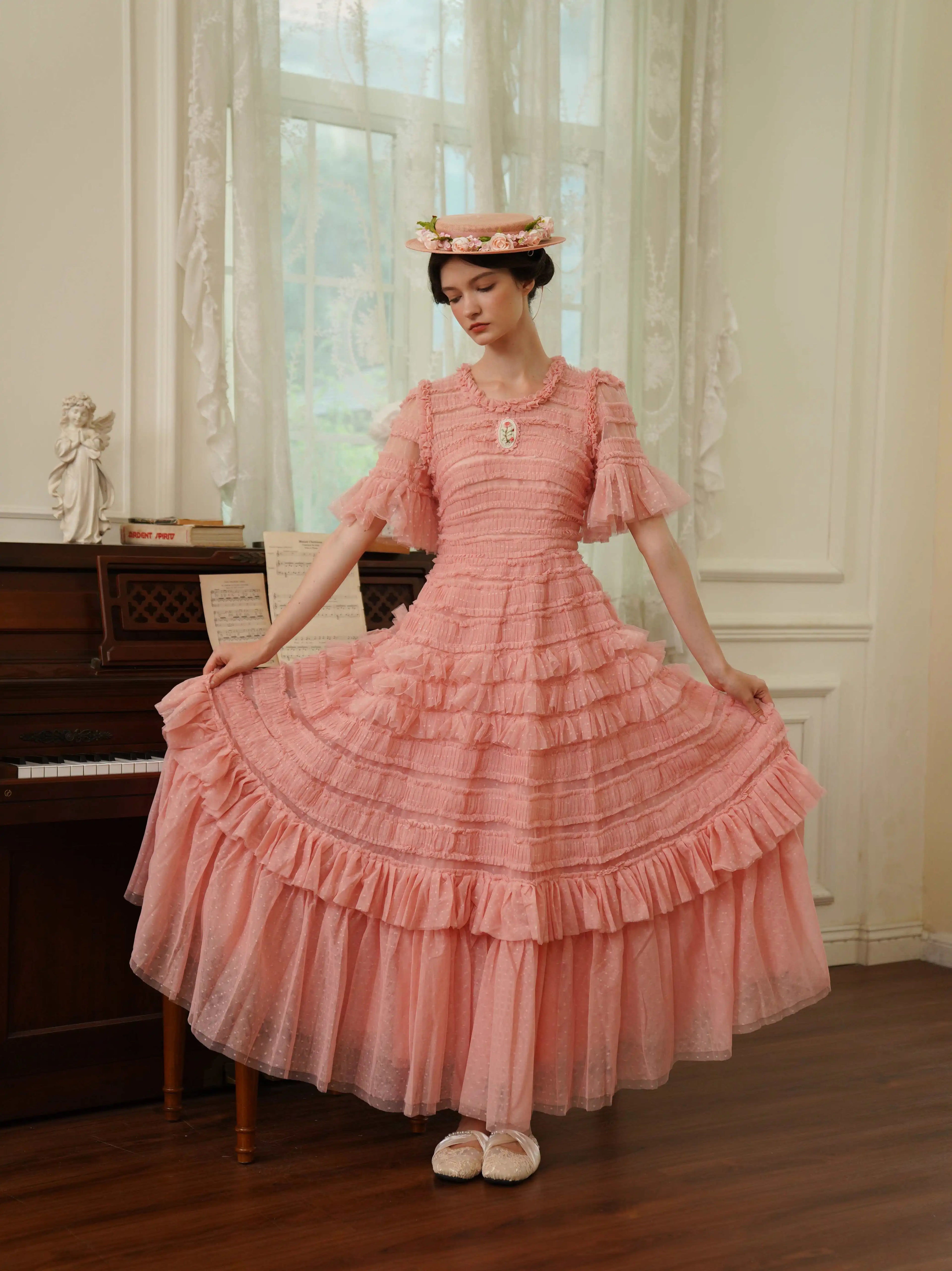 The Candy-Pink Promenade Gown | Hand-Embroidered Tiered Ballgown | Spring Mesh Cake Dress | Parisian Princess