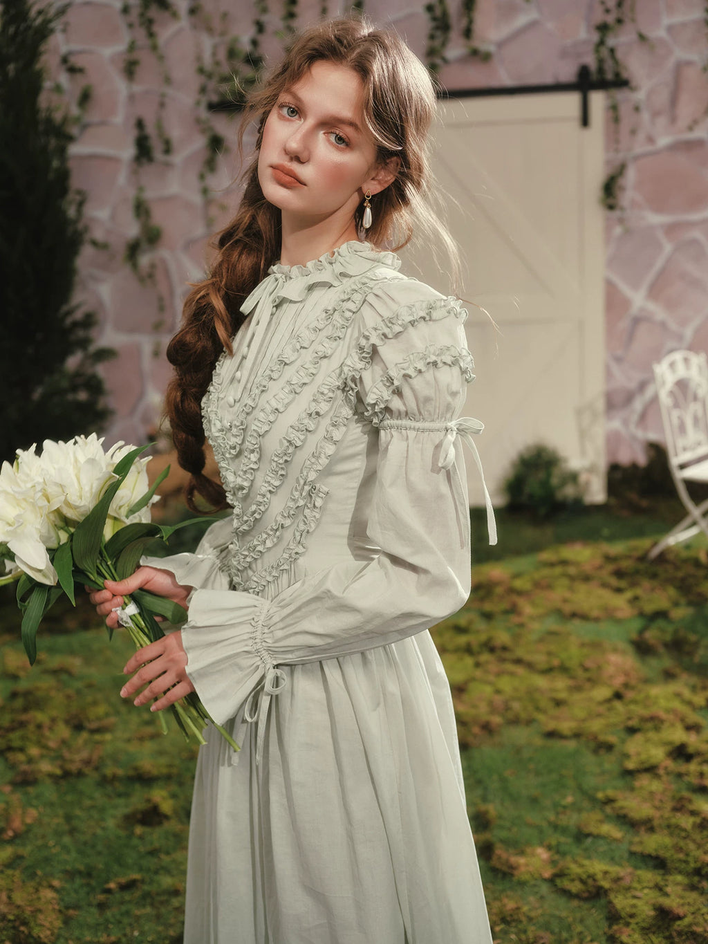 Parisian Princess French Dress Full Lantern Sleeve Long Maxi Ladies XS-XL Vintage High Waist 100% Cotton Lace Up 2025 New